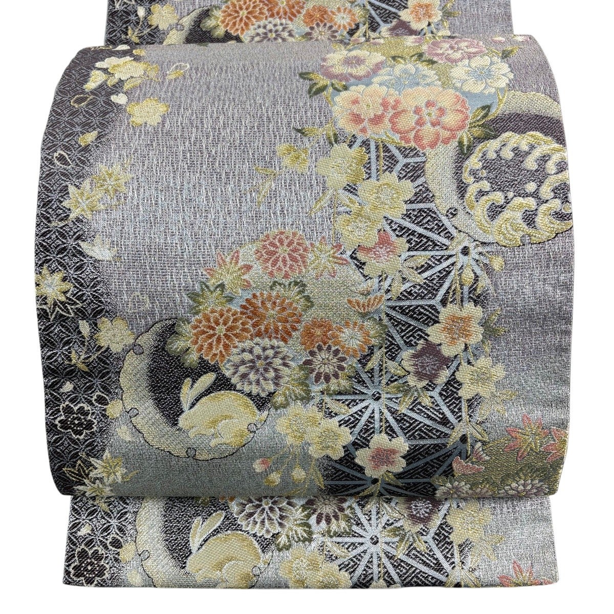 美品】 袋帯 名品 やまと 花丸文 うさぎ 金銀糸 箔 灰紫 六通 正絹
