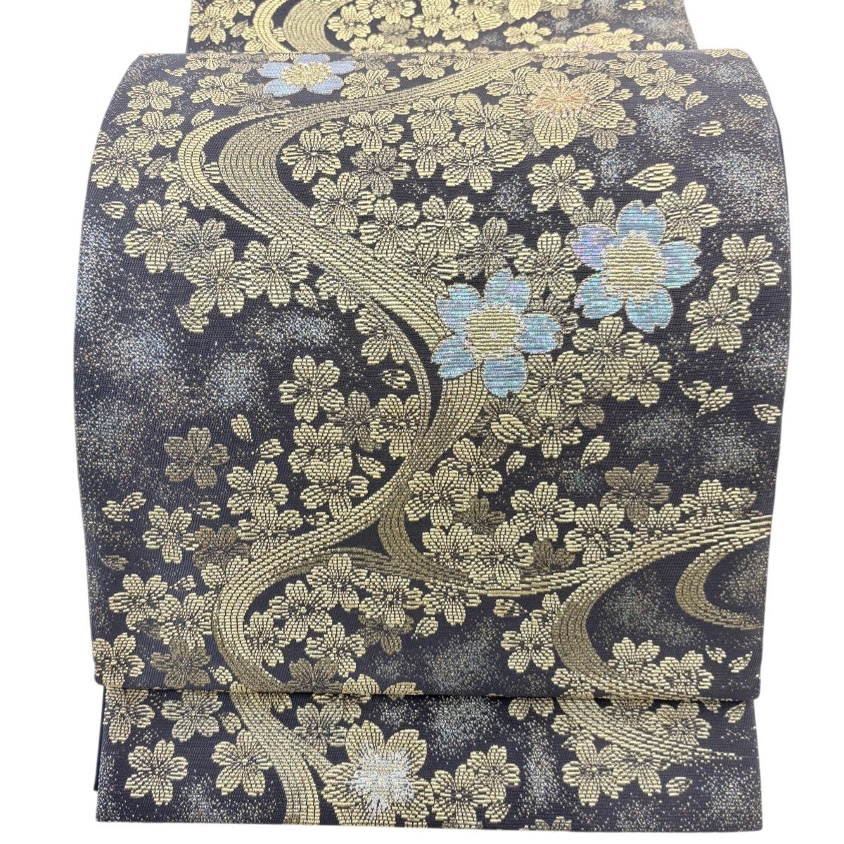 正絹流水楓桜文様豪華お太鼓柄袋帯　上野為ニ 袋帯 名品 落款あり 桜 葉柄 箔 銀糸 灰紫 お太鼓柄 正絹｜中古・古着