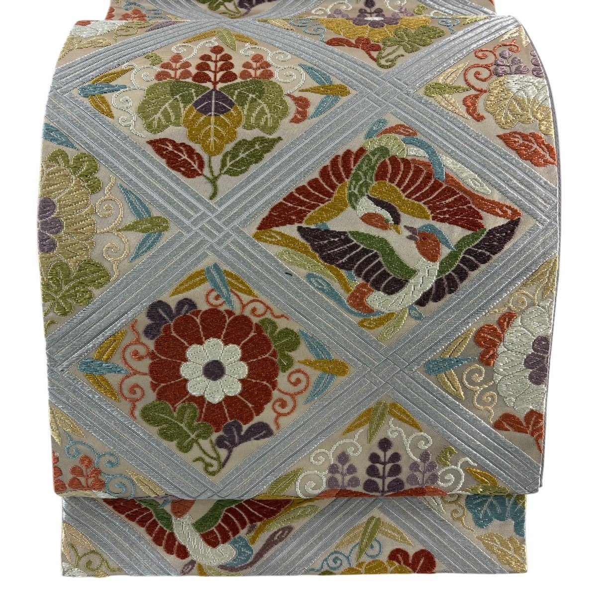 m329 有職唐織 菊 金銀糸 六通 袋帯 正絹 美品】 袋帯 秀品 向かい鳥 菊 箔 唐織 灰紫 六通 正絹｜中古・古着