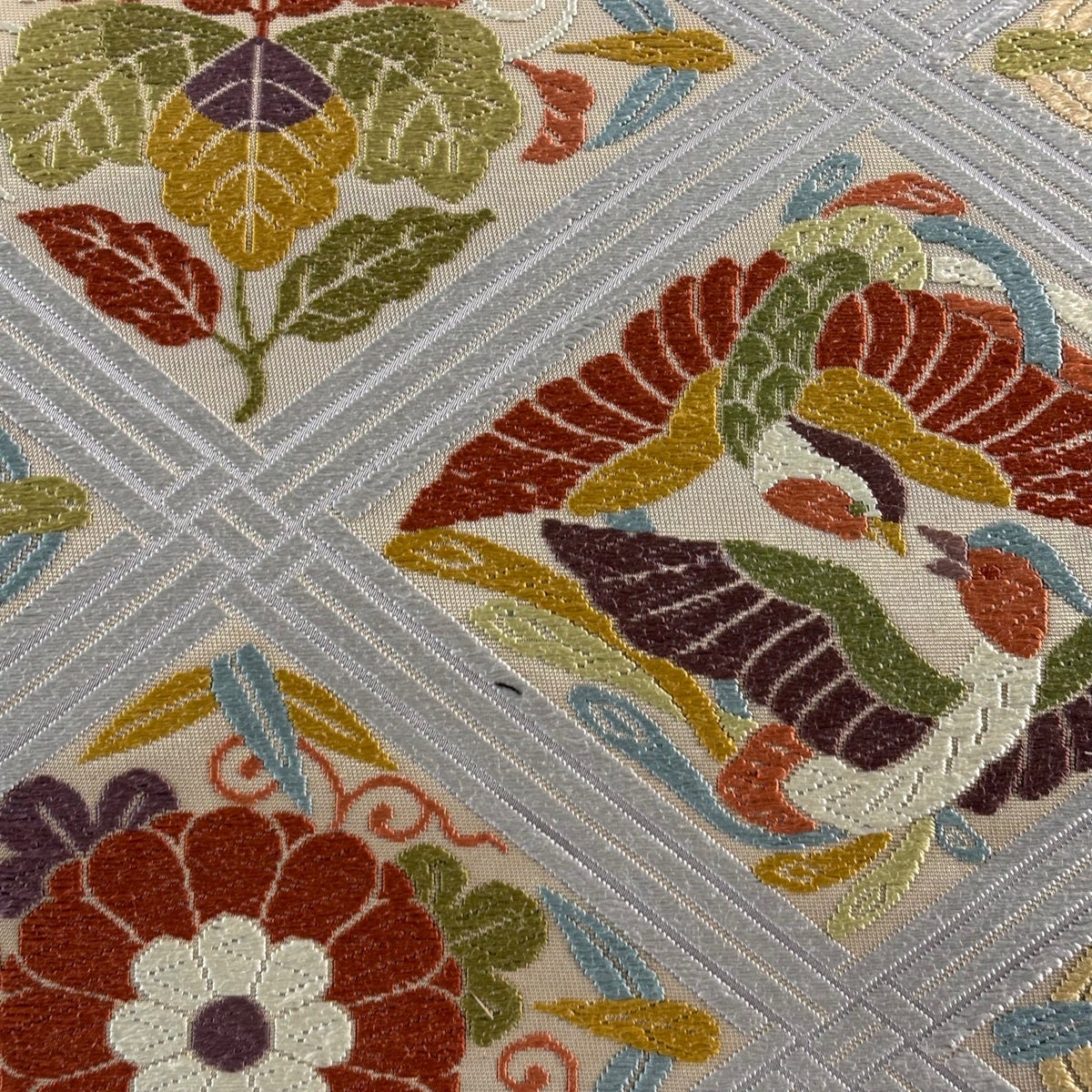 美品】 袋帯 秀品 向かい鳥 菊 箔 唐織 灰紫 六通 正絹｜中古・古着