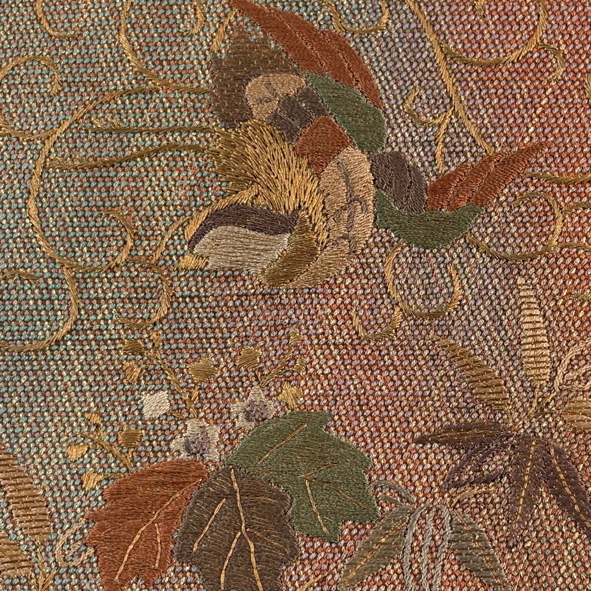 美品】 袋帯 秀品 桐竹 鳥 金糸 刺繍 オレンジ お太鼓柄 正絹｜中古