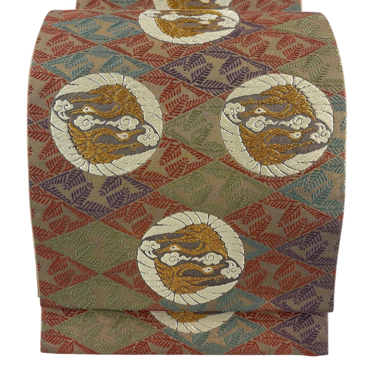 正絹　六通袋帯 金糸 鶴 松文様 豪華 654-11 美品 袋帯 秀品 松 鶴 金糸 箔 灰色 六通 正絹｜中古・古着