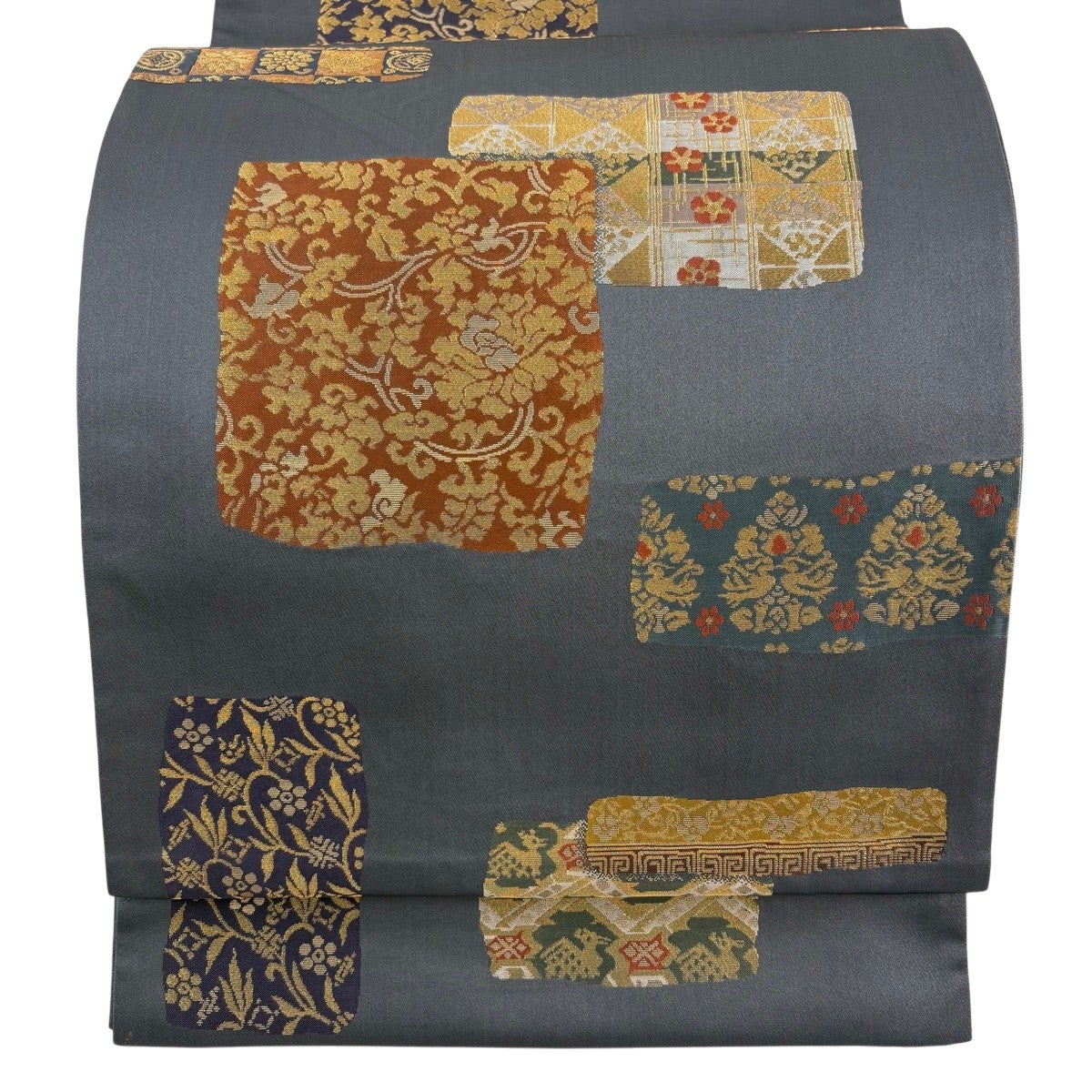美品】 袋帯 秀品 祥園 落款あり 花唐草 名物裂文様 金糸 箔 灰色 六通