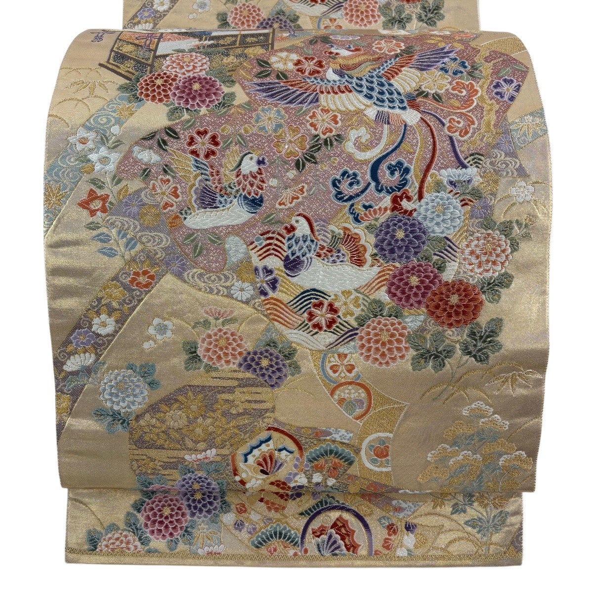 美品】 袋帯 秀品 関西仕立て 鳳凰 草花 金糸 箔 金色 六通 正絹｜中古