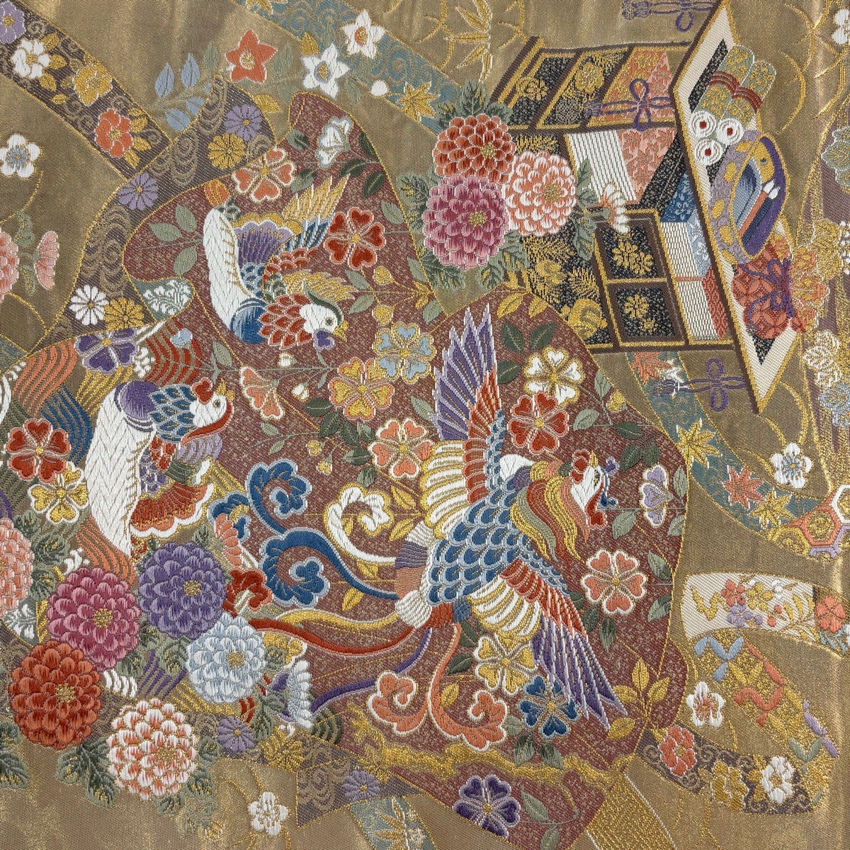美品】 袋帯 秀品 関西仕立て 鳳凰 草花 金糸 箔 金色 六通 正絹｜中古