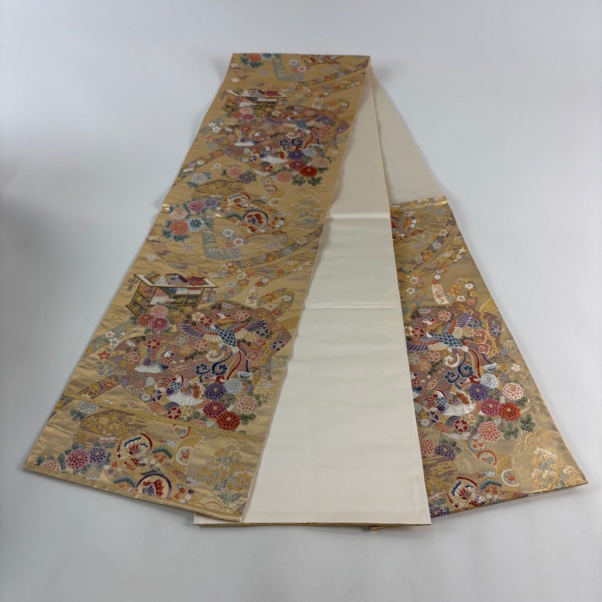 美品】 袋帯 秀品 関西仕立て 鳳凰 草花 金糸 箔 金色 六通 正絹｜中古