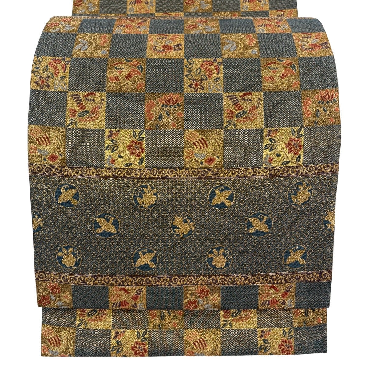 美品】 袋帯 秀品 鈴乃屋 花鳥 市松 金糸 刺繍 青緑 六通 正絹｜中古