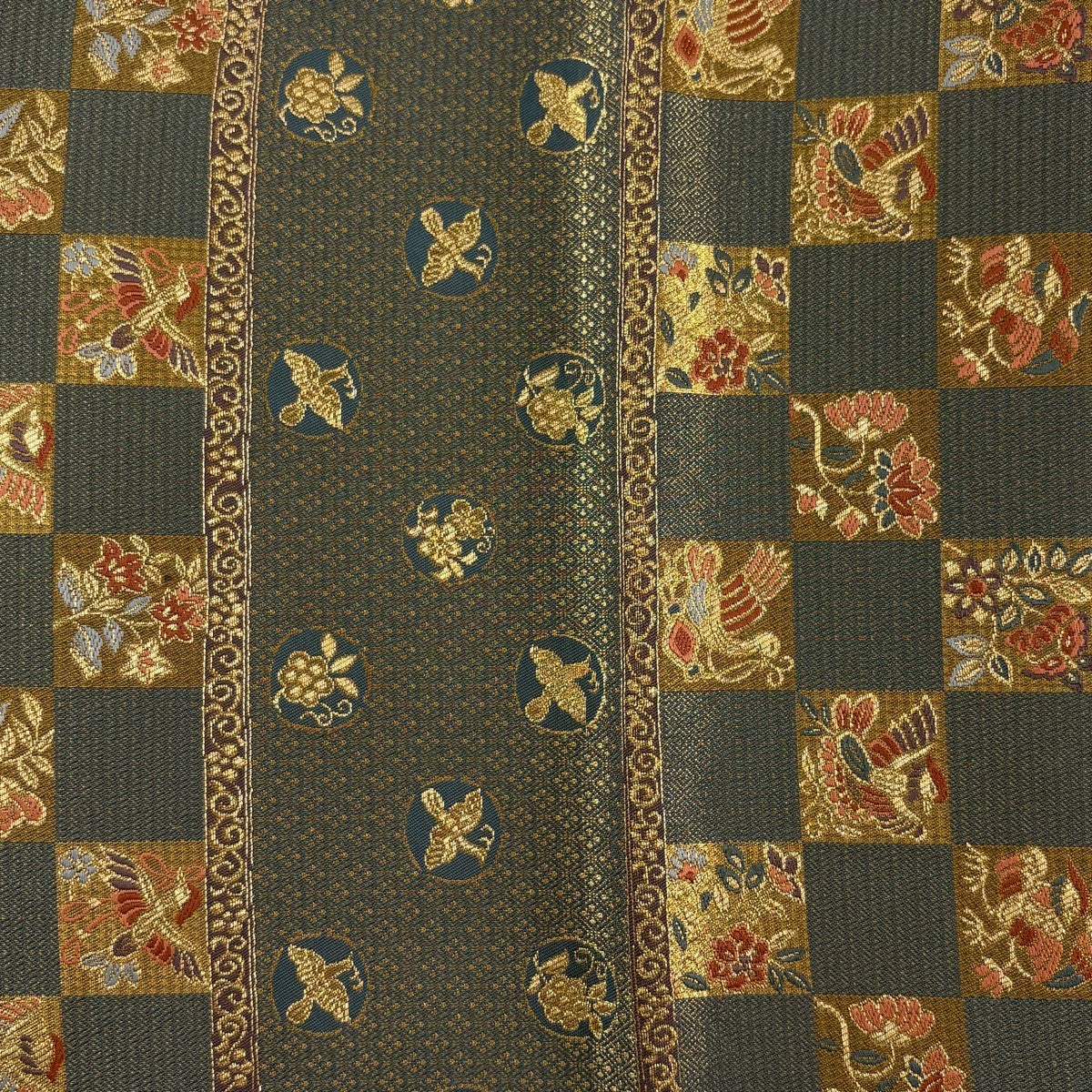美品】 袋帯 秀品 鈴乃屋 花鳥 市松 金糸 刺繍 青緑 六通 正絹｜中古