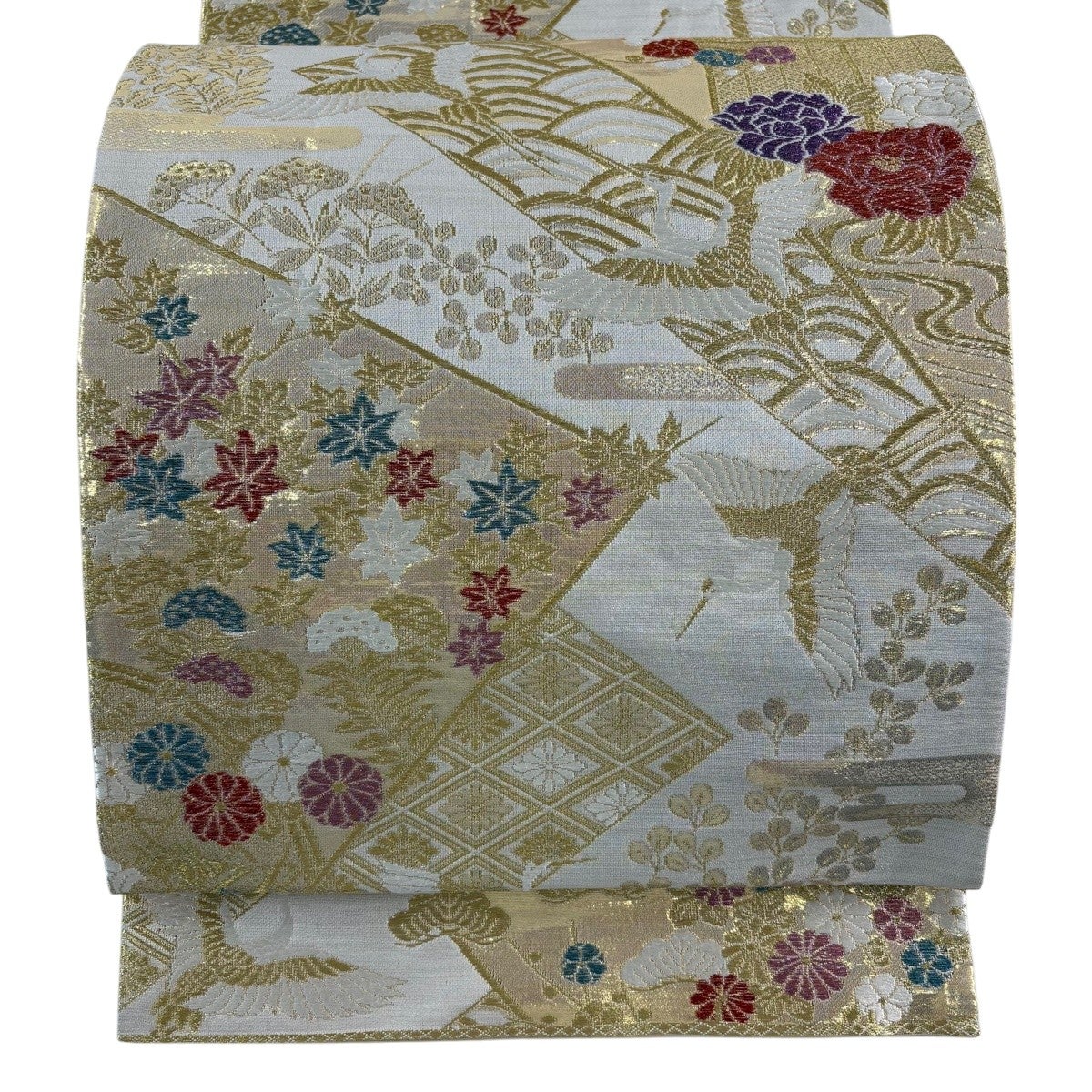美品】 袋帯 名品 狩猟文 華文 金糸 金通し 灰色 六通 正絹｜中古