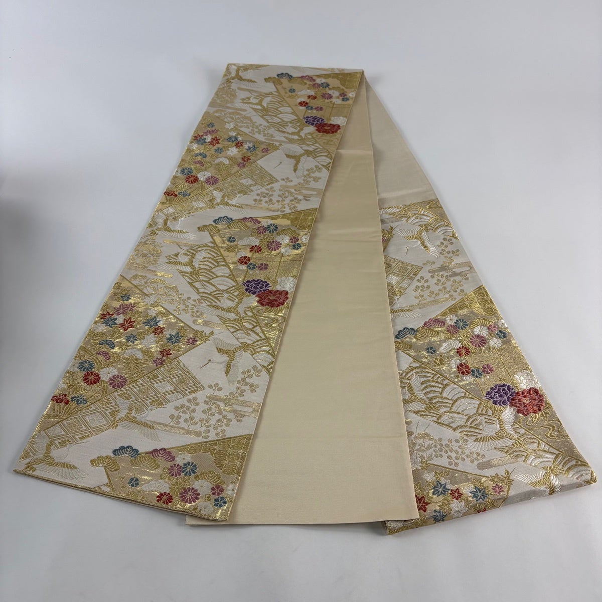 袋帯 秀品 鶴 秋草 金糸 箔 灰白 六通 正絹｜中古・古着・リサイクル