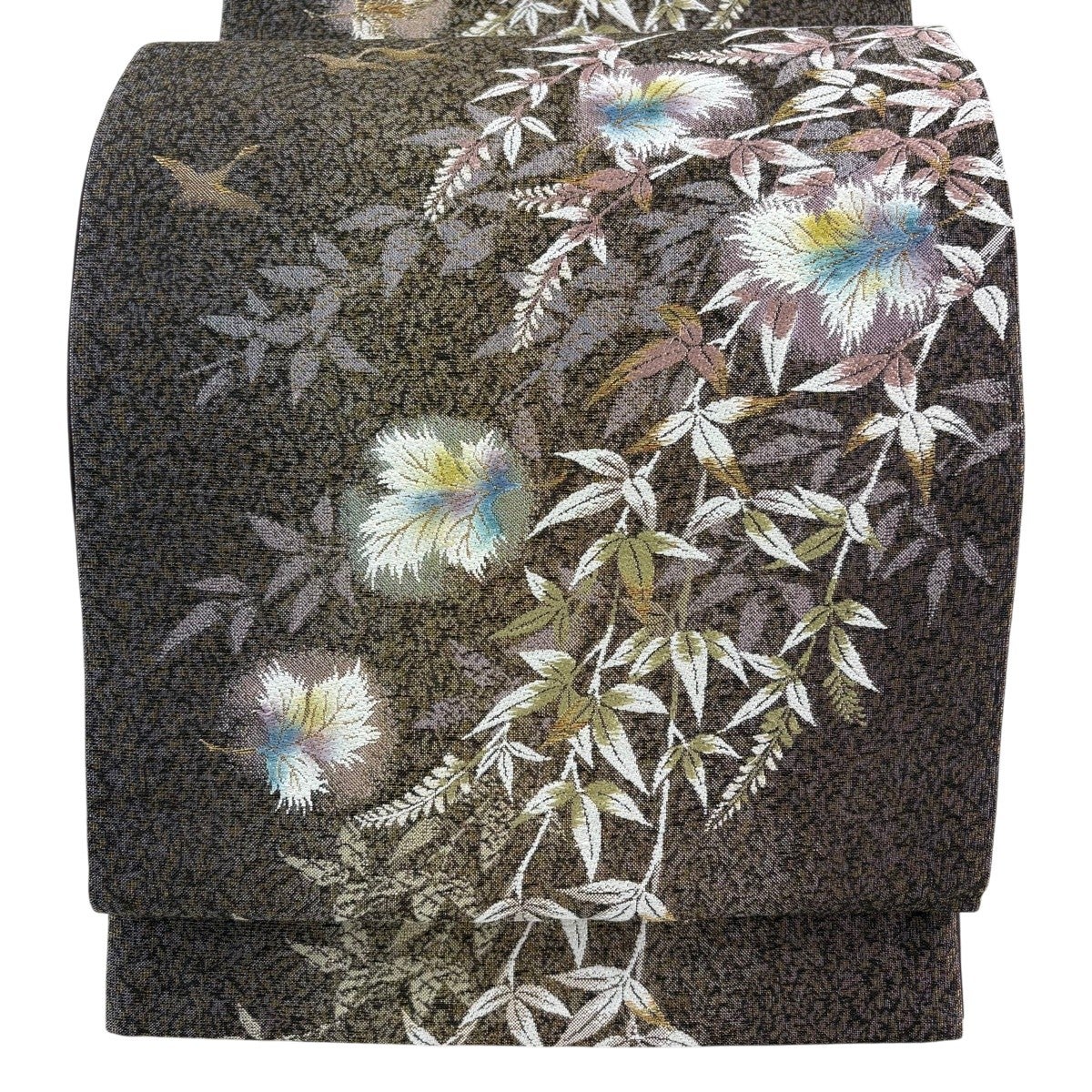 袋帯 秀品 やまと 草花 鳥 金糸 ラメ糸 茶紫 六通 正絹｜中古・古着