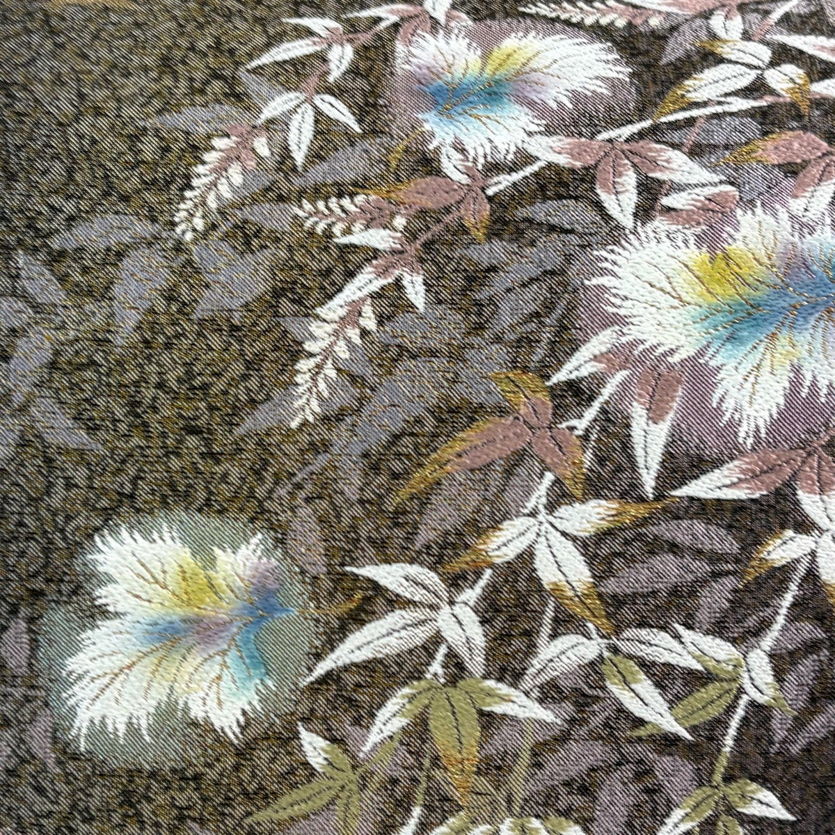 袋帯 秀品 やまと 草花 鳥 金糸 ラメ糸 茶紫 六通 正絹｜中古・古着