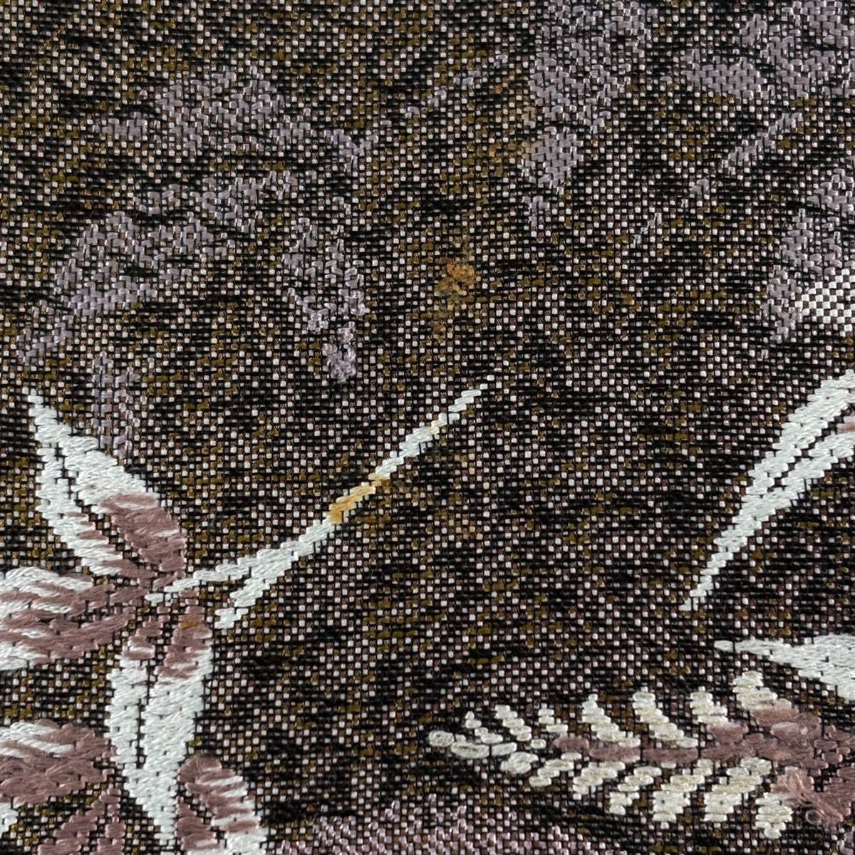 袋帯 秀品 やまと 草花 鳥 金糸 ラメ糸 茶紫 六通 正絹｜中古・古着