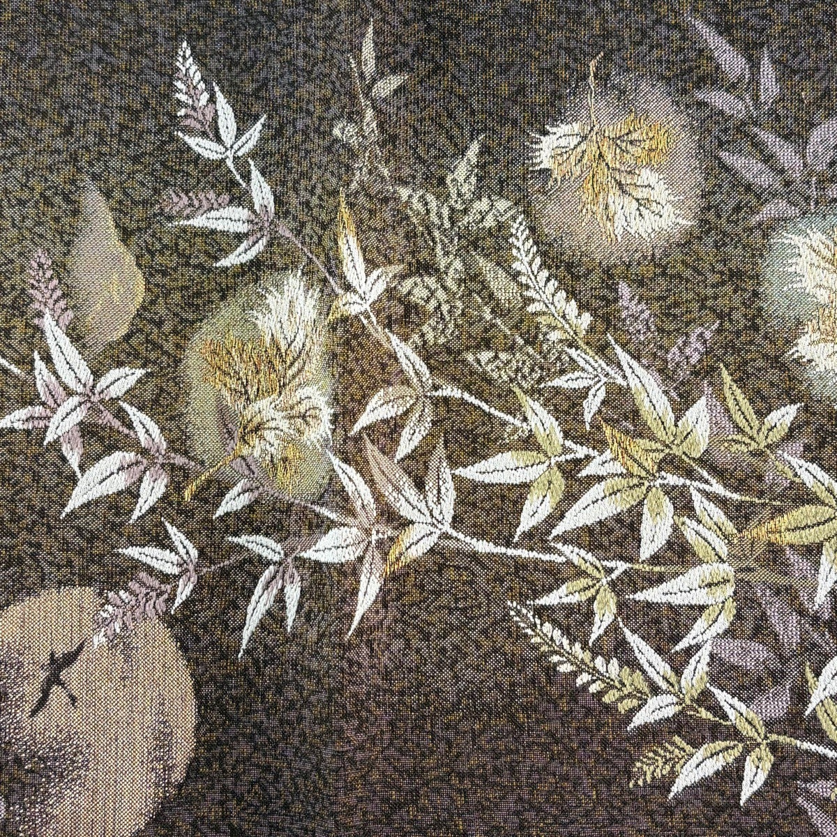 袋帯 秀品 やまと 草花 鳥 金糸 ラメ糸 茶紫 六通 正絹｜中古・古着
