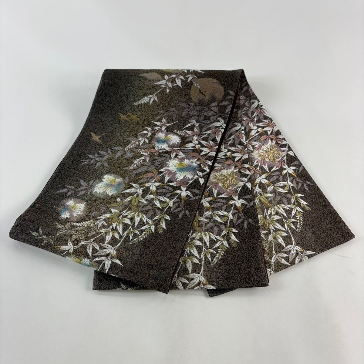 袋帯 秀品 やまと 草花 鳥 金糸 ラメ糸 茶紫 六通 正絹｜中古・古着