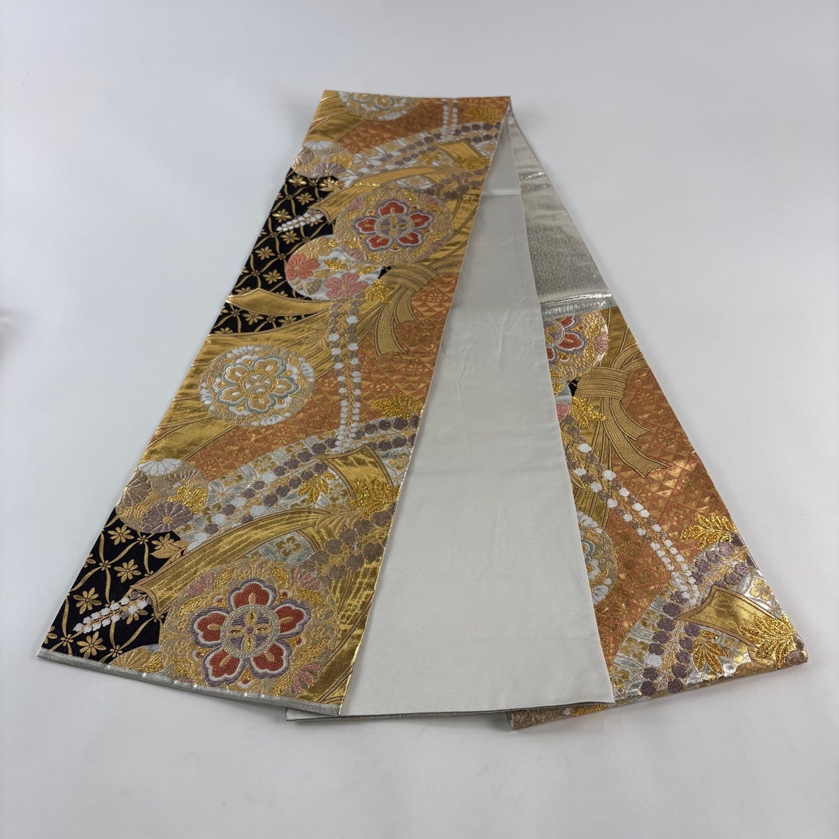 美品】 袋帯 秀品 振袖向き 束ね熨斗 花 金銀糸 箔 銀色 六通 正絹