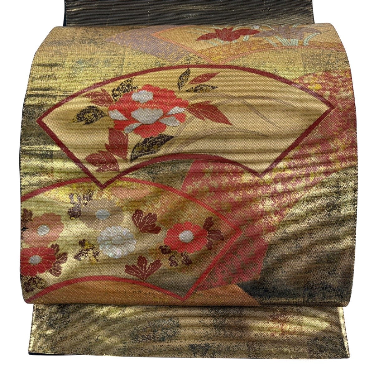 袋帯 秀品 扇面 牡丹 螺鈿箔 箔 金色 お太鼓柄 正絹｜中古・古着
