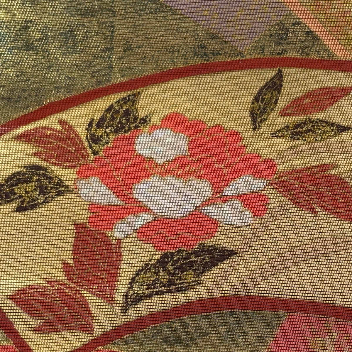 袋帯 秀品 扇面 牡丹 螺鈿箔 箔 金色 お太鼓柄 正絹｜中古・古着