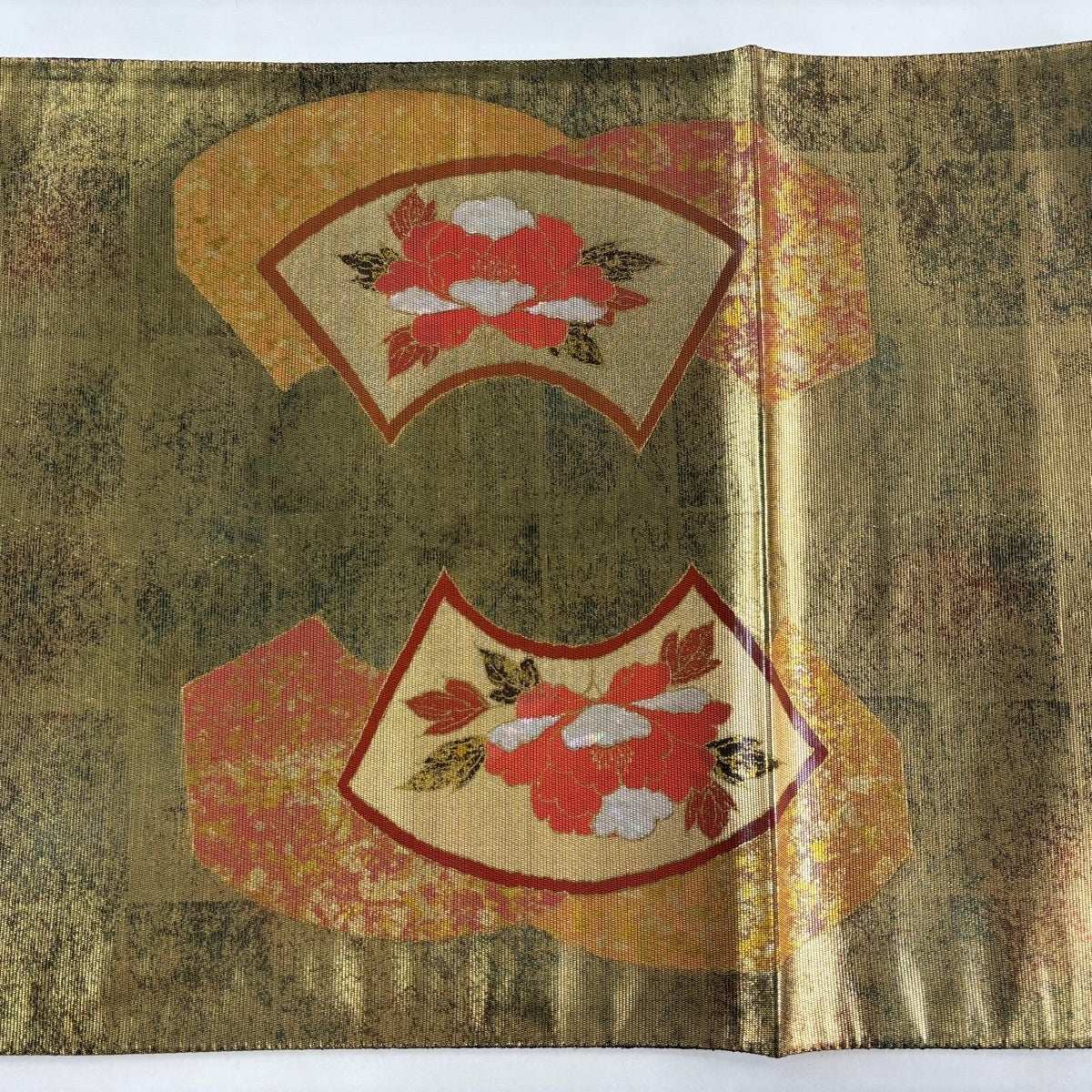 袋帯 秀品 扇面 牡丹 螺鈿箔 箔 金色 お太鼓柄 正絹｜中古・古着