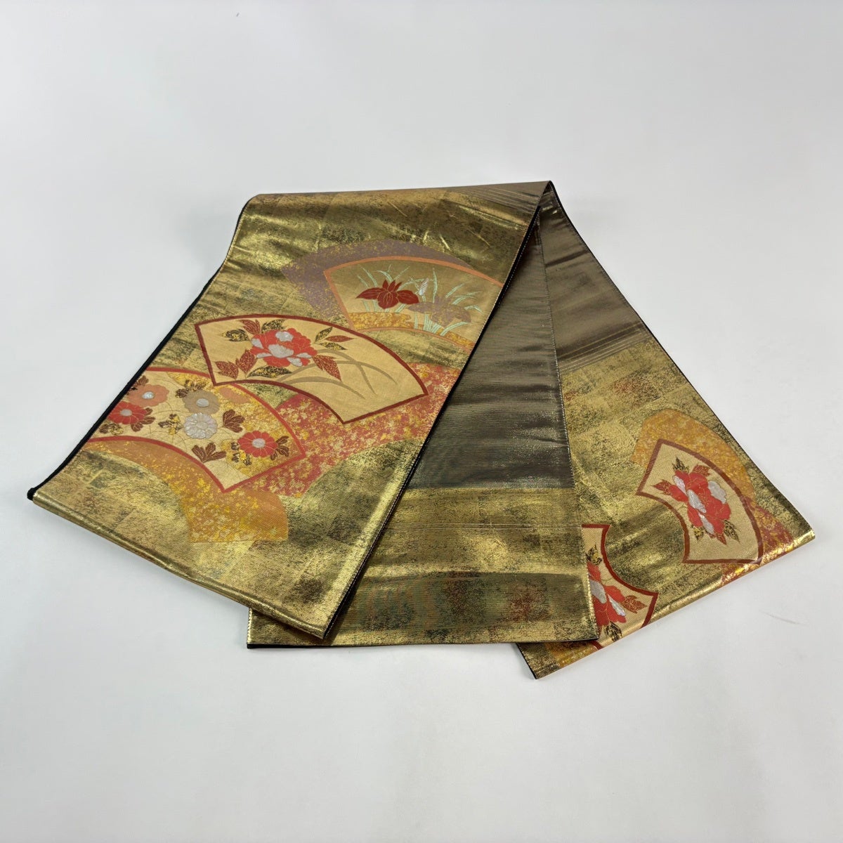袋帯 秀品 扇面 牡丹 螺鈿箔 箔 金色 お太鼓柄 正絹｜中古・古着