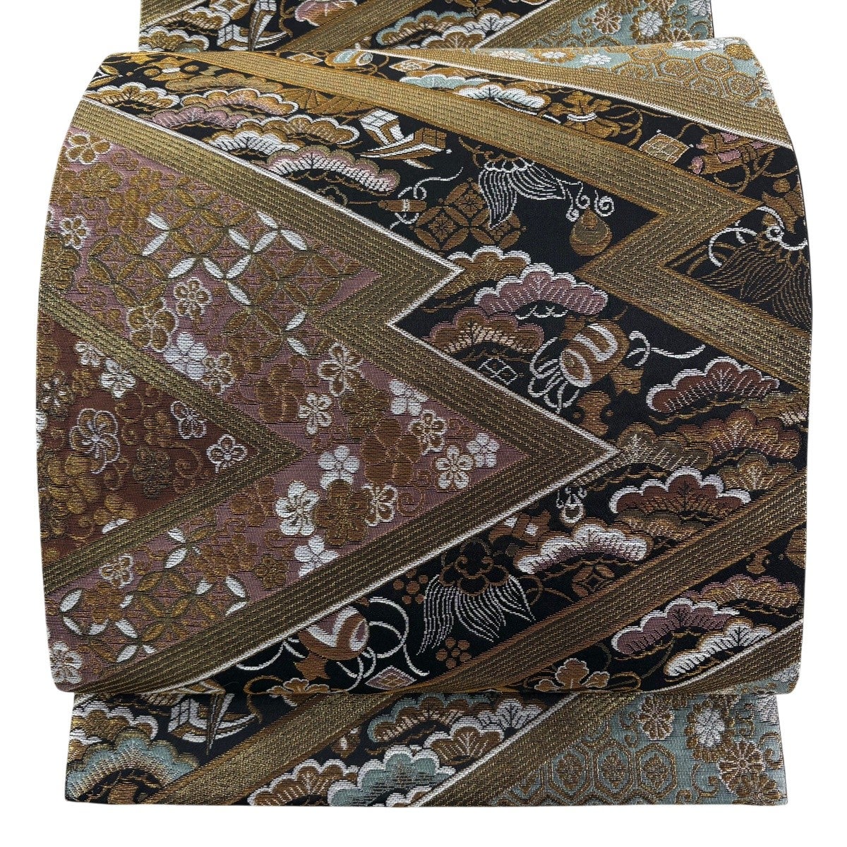 美品】 袋帯 秀品 宝尽くし 有職文様 金糸 箔 黒 六通 正絹｜中古