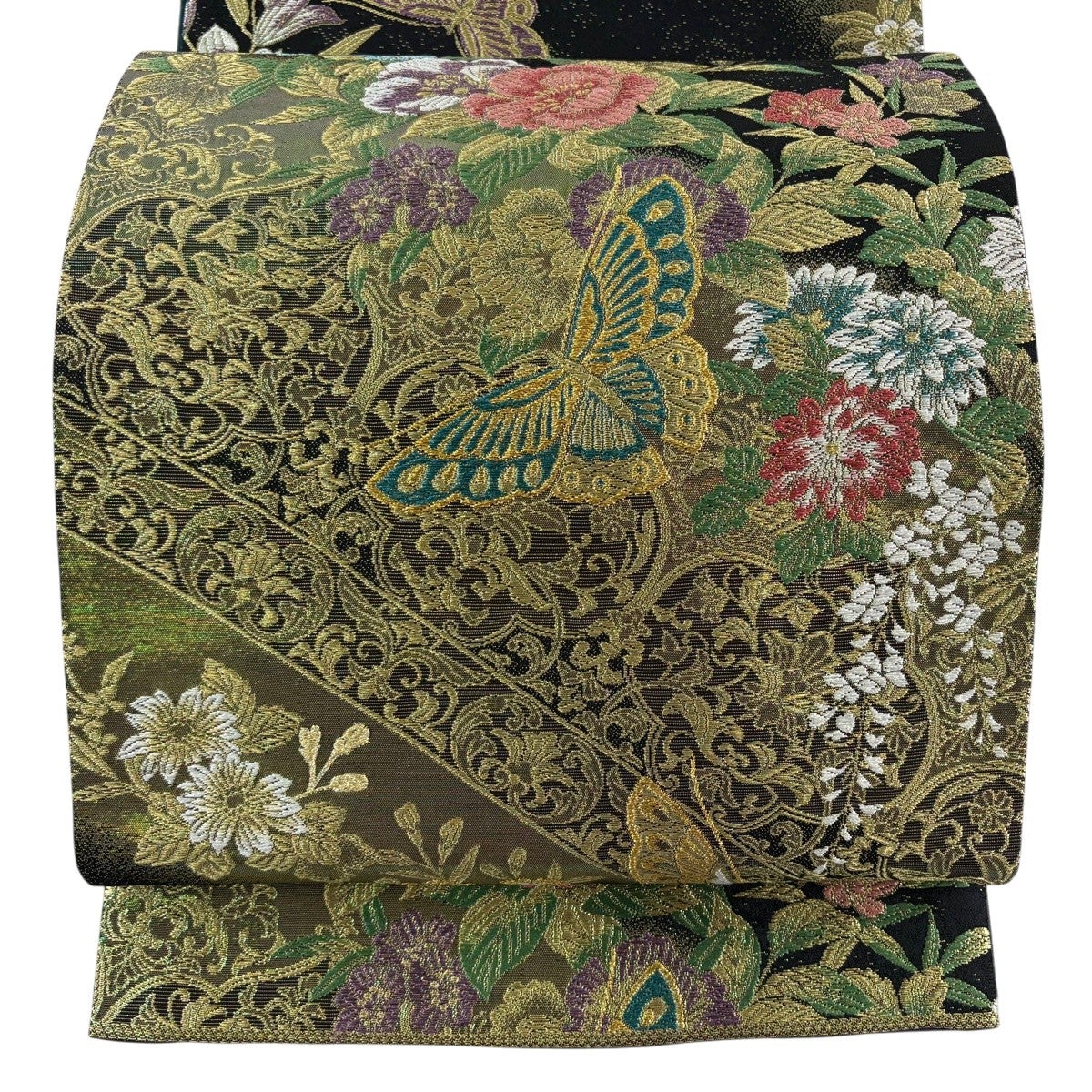 美品】 袋帯 秀品 草花 蝶 金糸 箔 黒 六通 正絹｜中古・古着