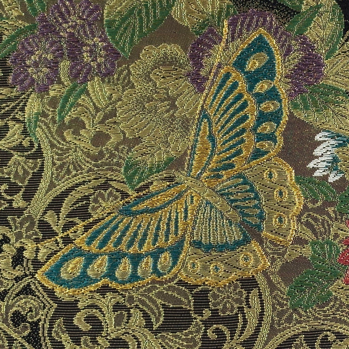 美品】 袋帯 秀品 草花 蝶 金糸 箔 黒 六通 正絹｜中古・古着