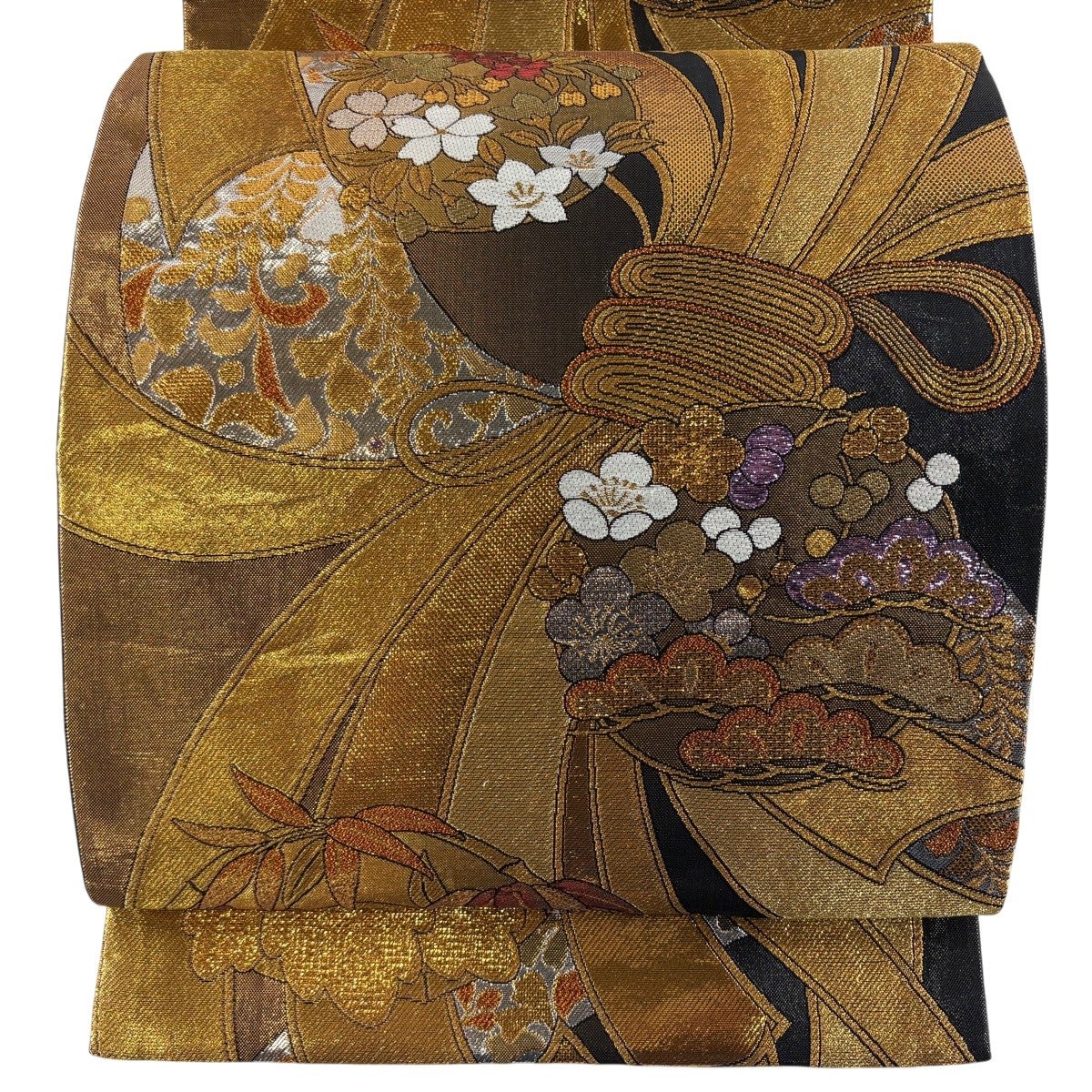 美品】 袋帯 秀品 振袖向き 束ね熨斗 花丸文 金糸 箔 金色 六通 正絹