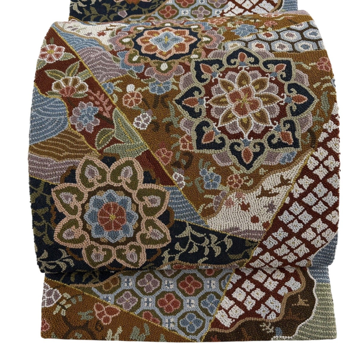 ◆663◆袋帯 六通 逸品 華文 有職文様 相良刺繍 金糸駒刺繍　正絹　着物帯 美品】 袋帯 逸品 華文 花鳥 相良刺繍 金糸 茶色 六通 正絹｜中古