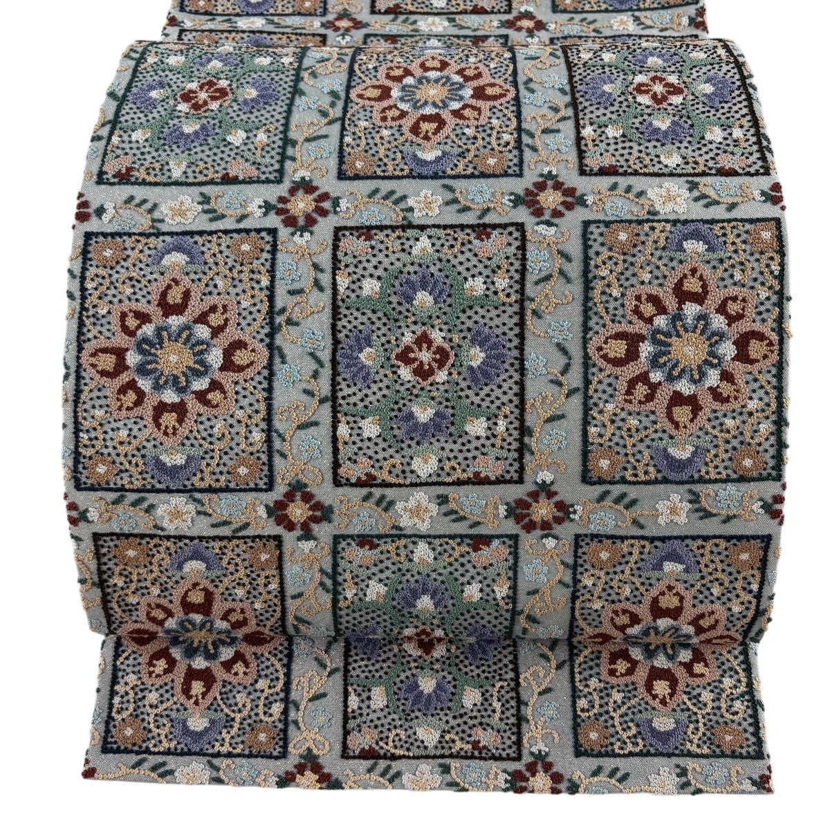 美品】 袋帯 逸品 華文 色紙 相良刺繍 箔 灰色 六通 正絹｜中古・古着