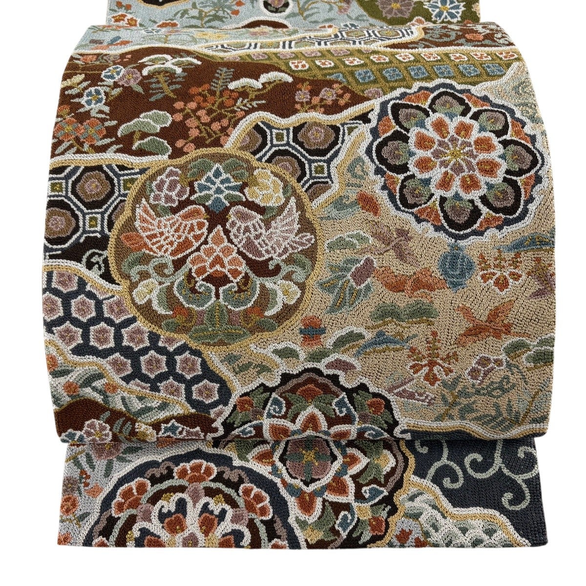 美品】 袋帯 逸品 華文 花鳥 相良刺繍 金糸 茶色 六通 正絹｜中古