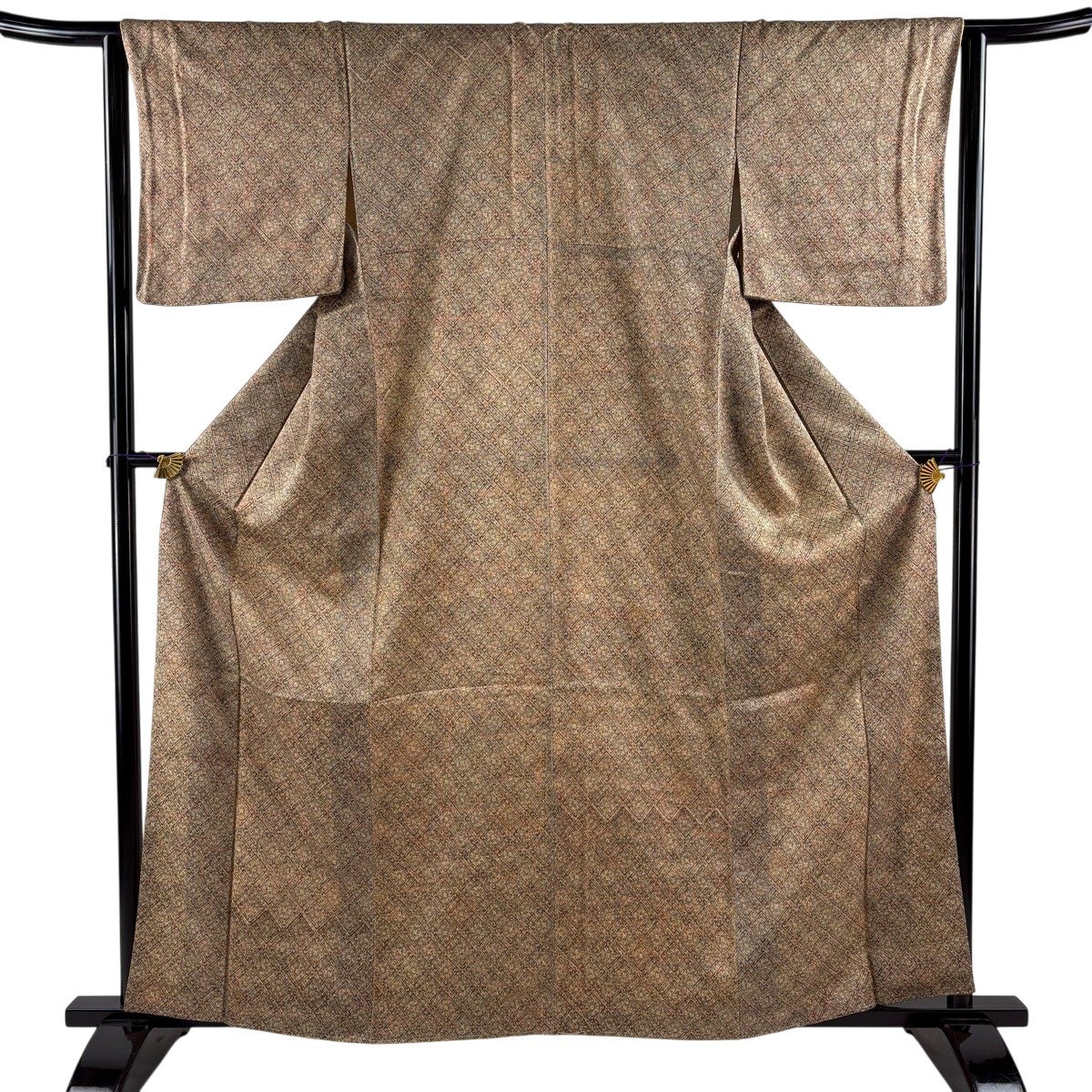 美品】 小紋 身丈161.5cm 裄丈63cm S 袷 菱 幾何学模様 茶色 正絹 優品