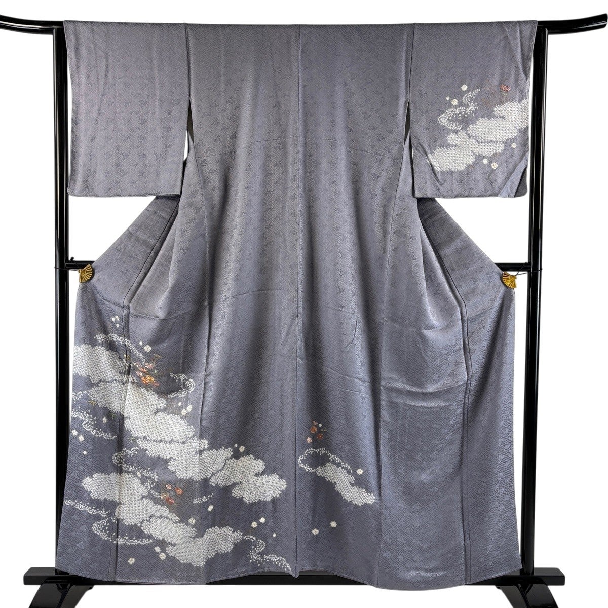 訪問着 身丈156cm 裄丈64.5cm M 袷 雲文 草花 刺繍 絞り 灰紫 正絹 秀
