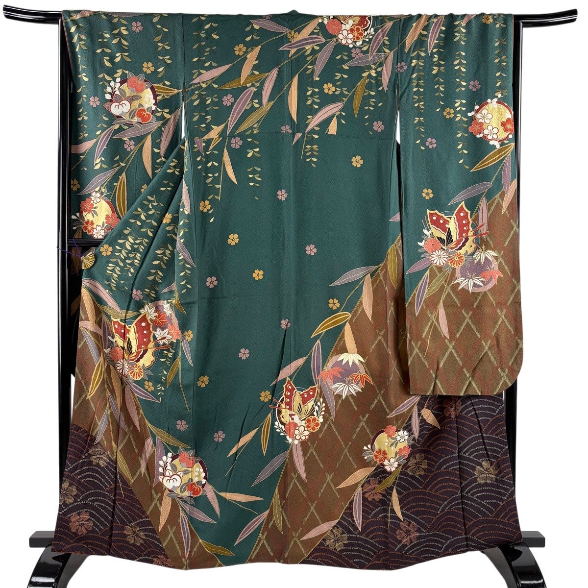 振袖 身丈164cm 裄丈65.5cm M 袷 蝶 葉 金糸 金彩 緑 正絹 秀品｜中古
