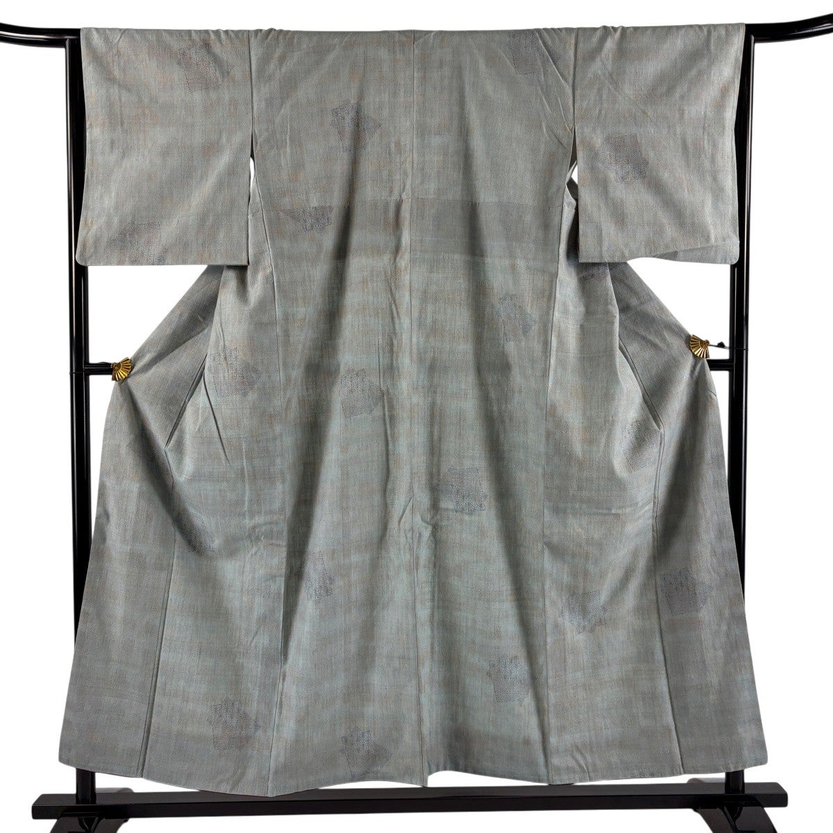紬 身丈155cm 裄丈65cm M 袷 色紙 麻の葉 青灰色 正絹 秀品｜中古