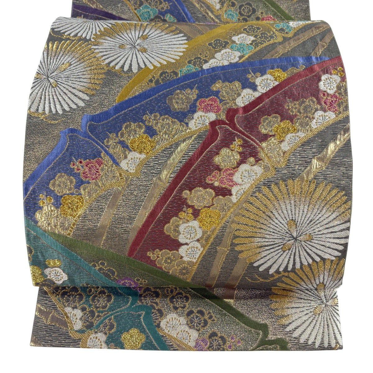 袋帯 逸品 辻村ジュサブロー 落款あり 草花 箔 深緑 六通 正絹｜中古