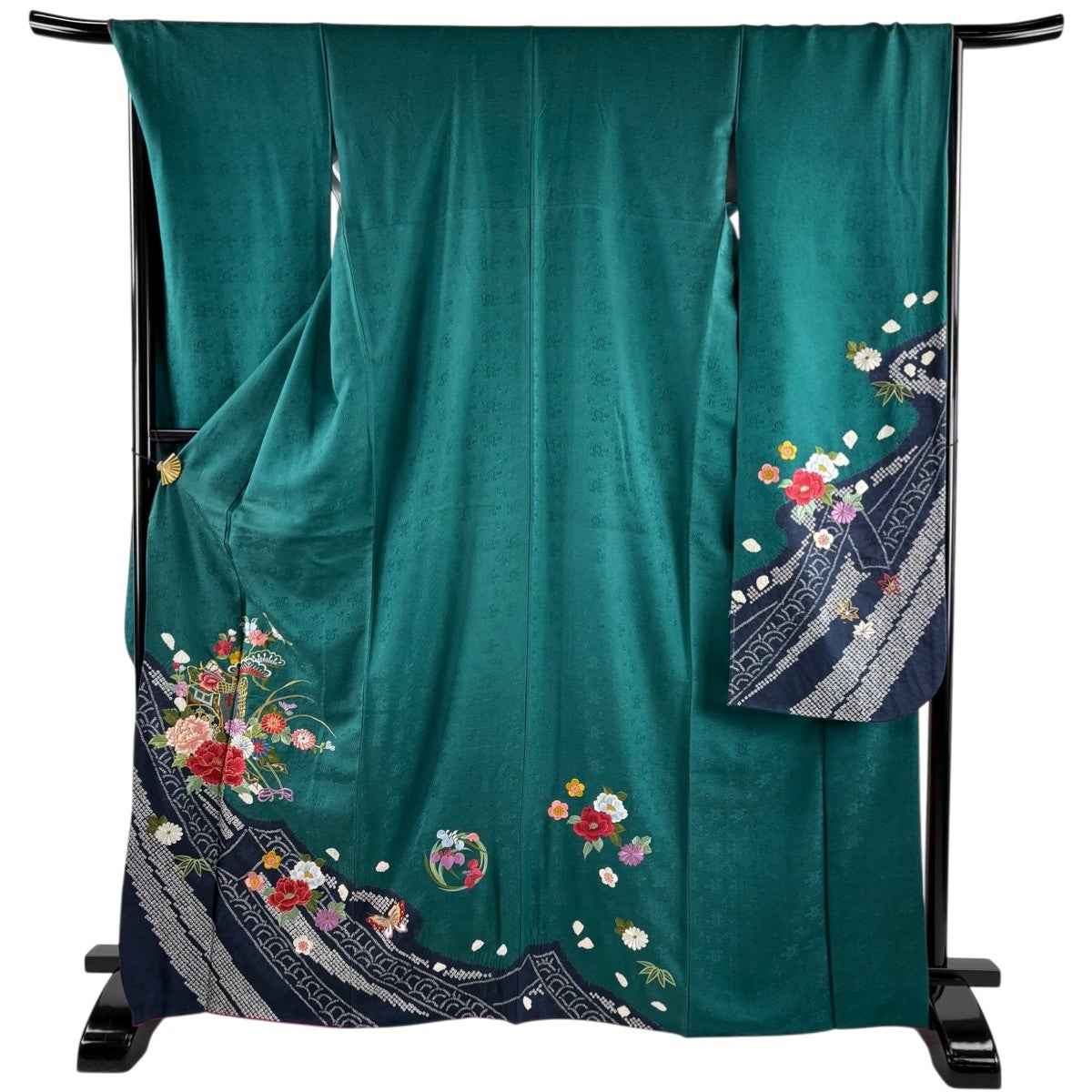 振袖 身丈168cm 裄丈69cm L 袷 御所車 草花 刺繍 絞り 緑 正絹 秀品