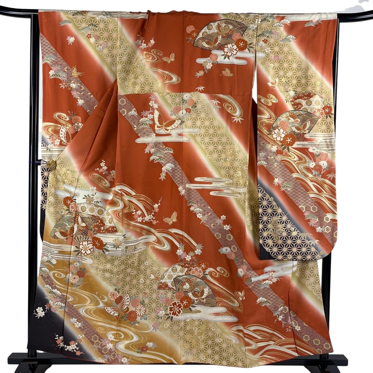 振袖 身丈171cm 裄丈65.5cm 正絹 秀品 【中古】 振袖 身丈171cm 裄丈65.5cm M 袷 扇面 藤 金糸 金彩 灰緑 正絹 秀品