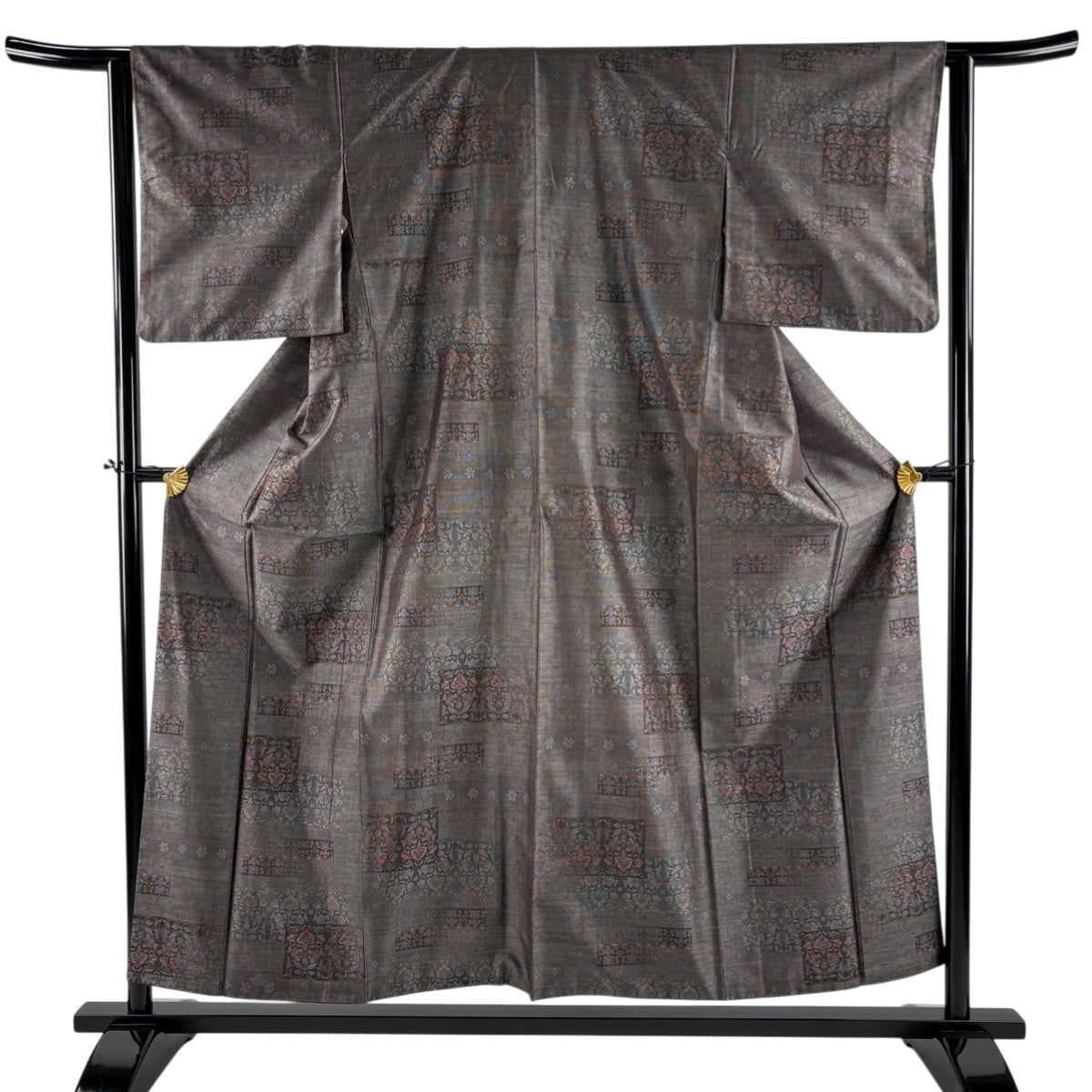美品】 紬 身丈158cm 裄丈63cm S 袷 草花 灰茶 正絹 秀品｜中古・古着