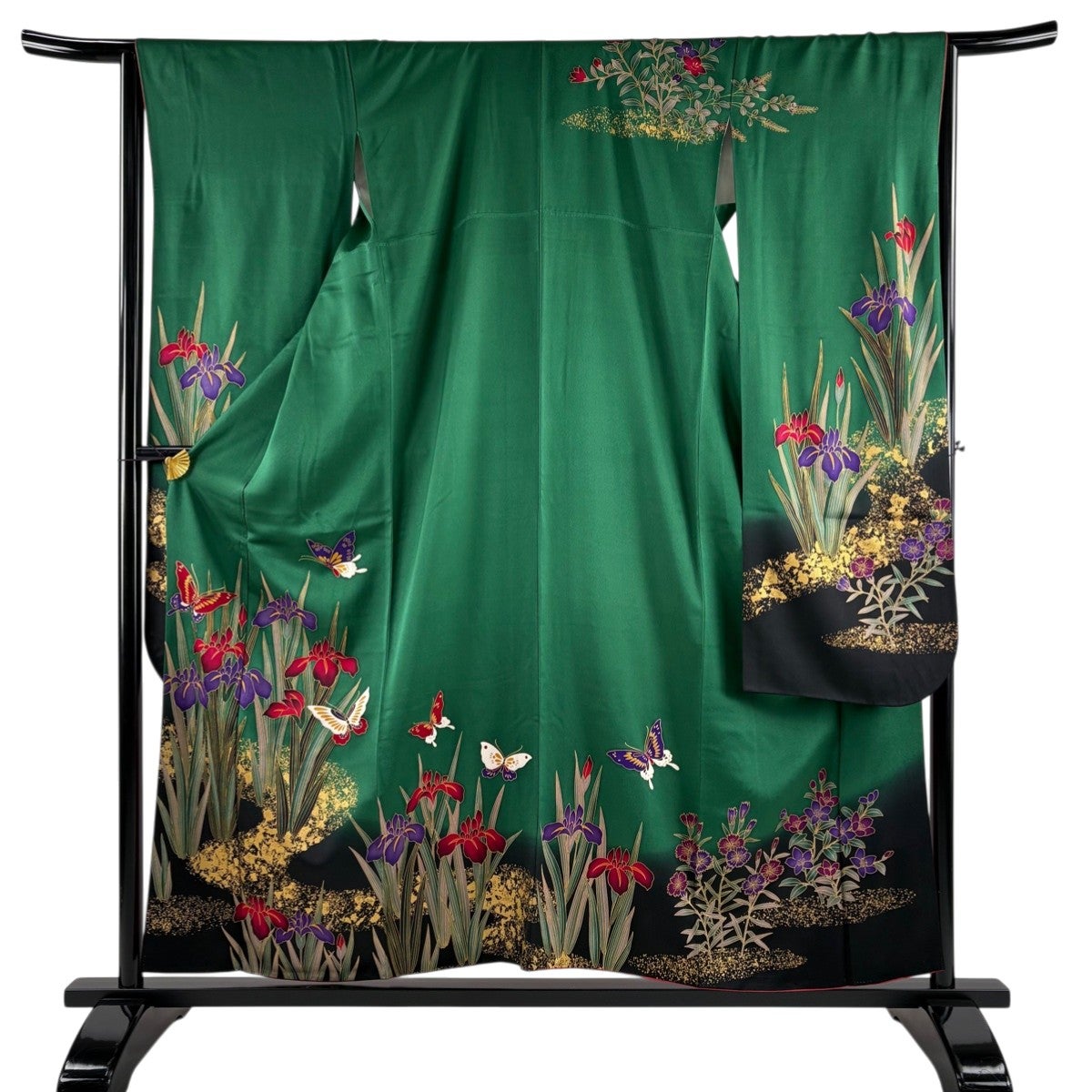美品】 振袖 身丈156cm 裄丈65.5cm M 袷 鈴乃屋 菖蒲 蝶 金彩 染め分け