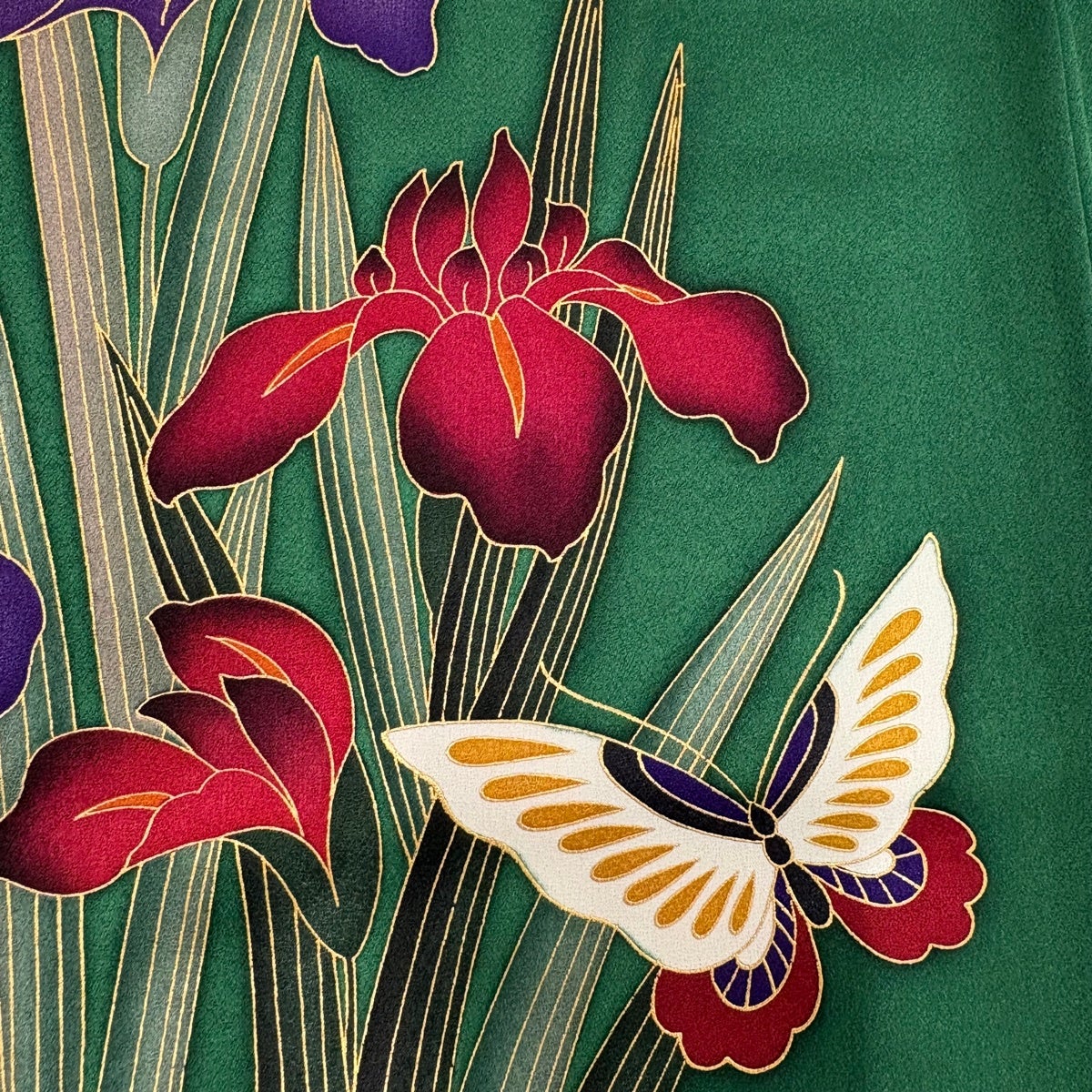 美品】 振袖 身丈156cm 裄丈65.5cm M 袷 鈴乃屋 菖蒲 蝶 金彩 染め分け