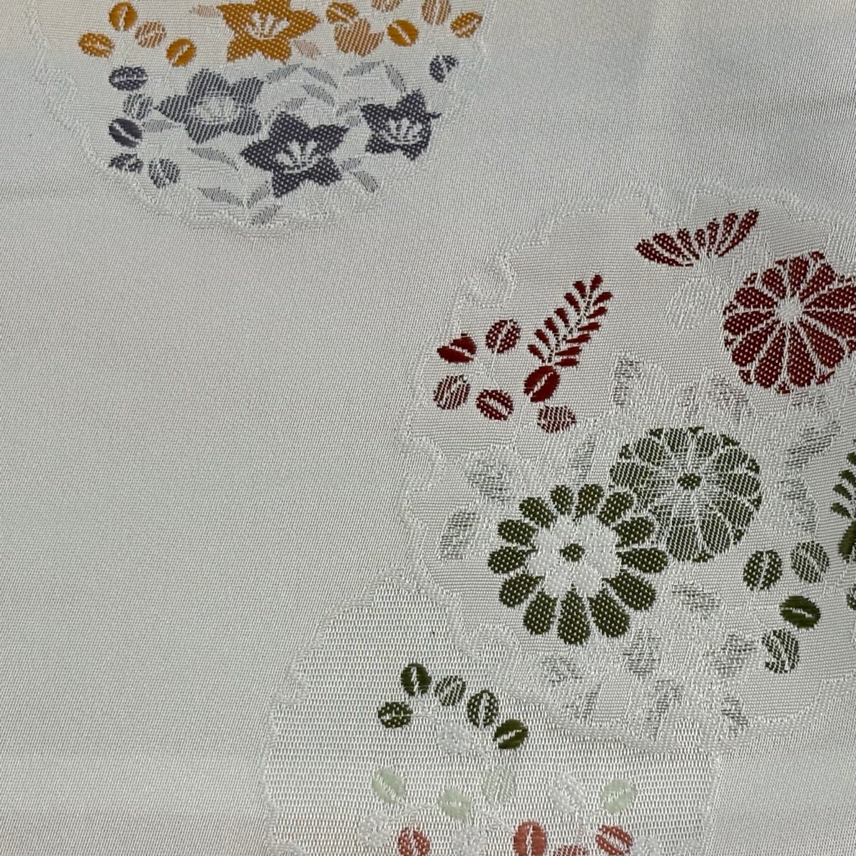 半幅帯 優品 雪輪 草花 白 化繊｜中古・古着・リサイクル着物通販
