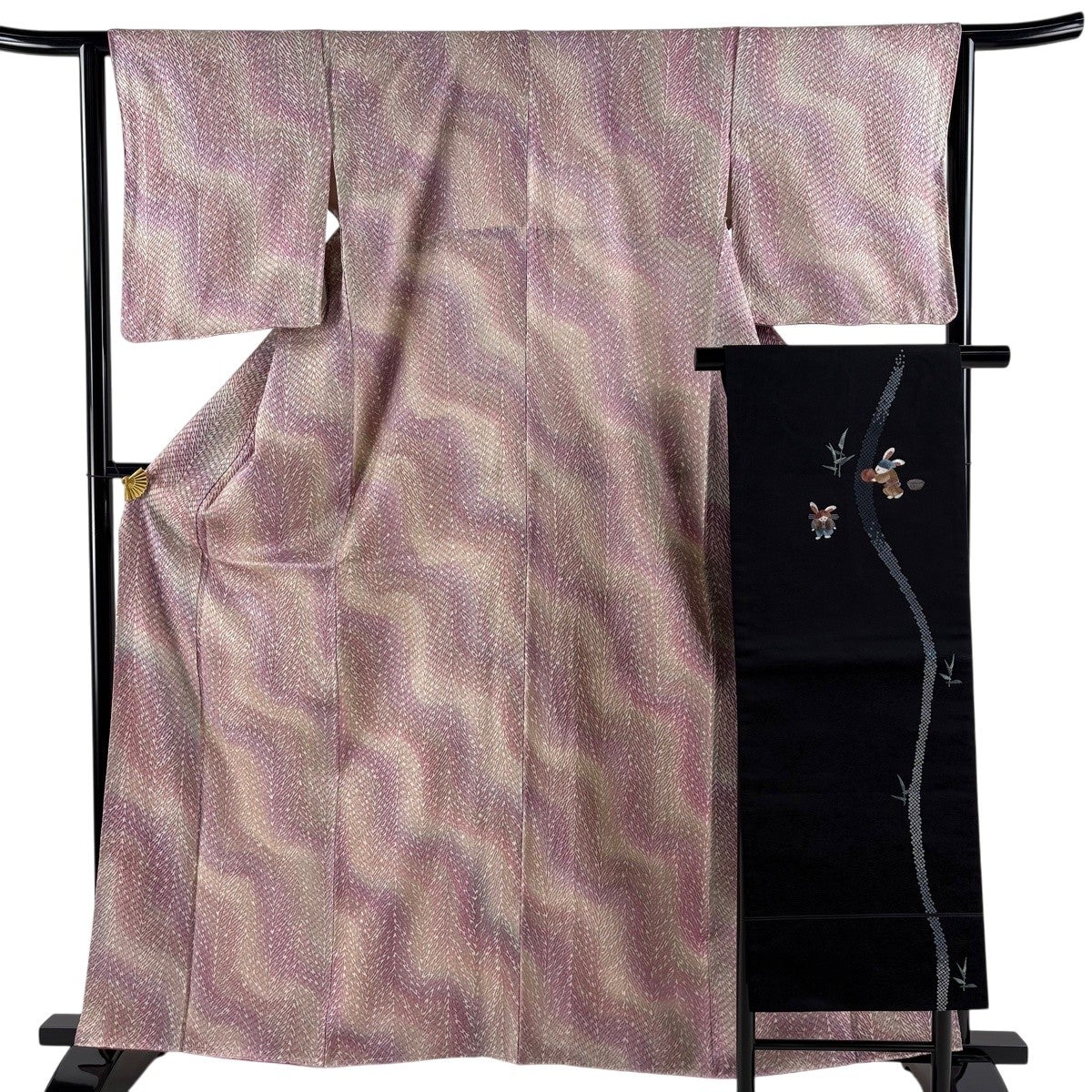 小紋　身丈164　裄68　ちりめん　幾何学　正絹　着物　033b p 美品】 小紋 身丈162cm 裄丈63cm S 袷 名古屋帯セット 幾何学模様 絞り