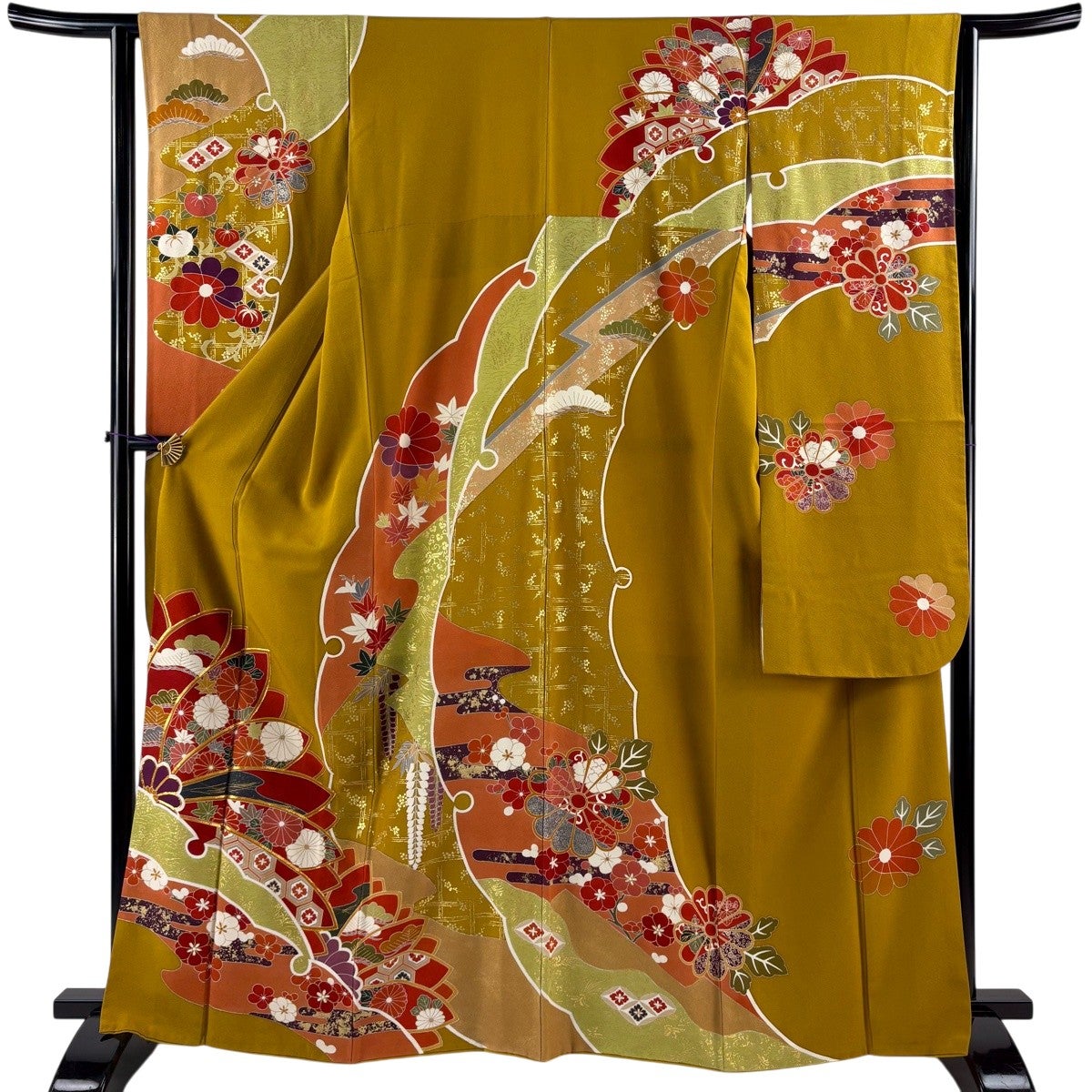 振袖 身丈166cm 裄丈63cm S 袷 雪輪 菊 金糸 金彩 黄土色 正絹 秀品