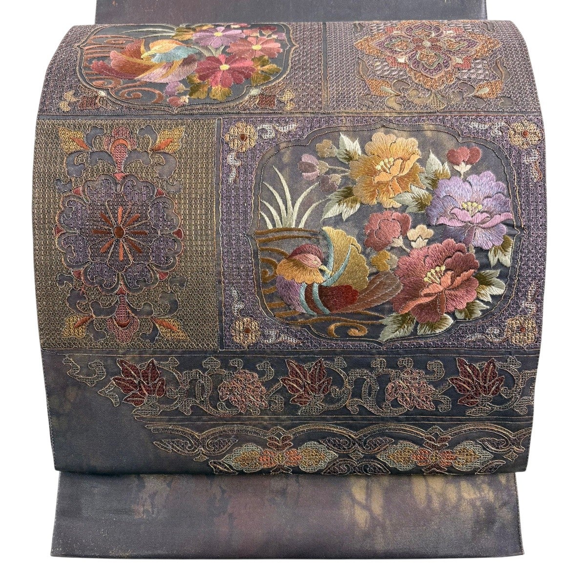 美品】 袋帯 名品 花鳥 華文 金糸 刺繍 紫 お太鼓柄 正絹｜中古・古着
