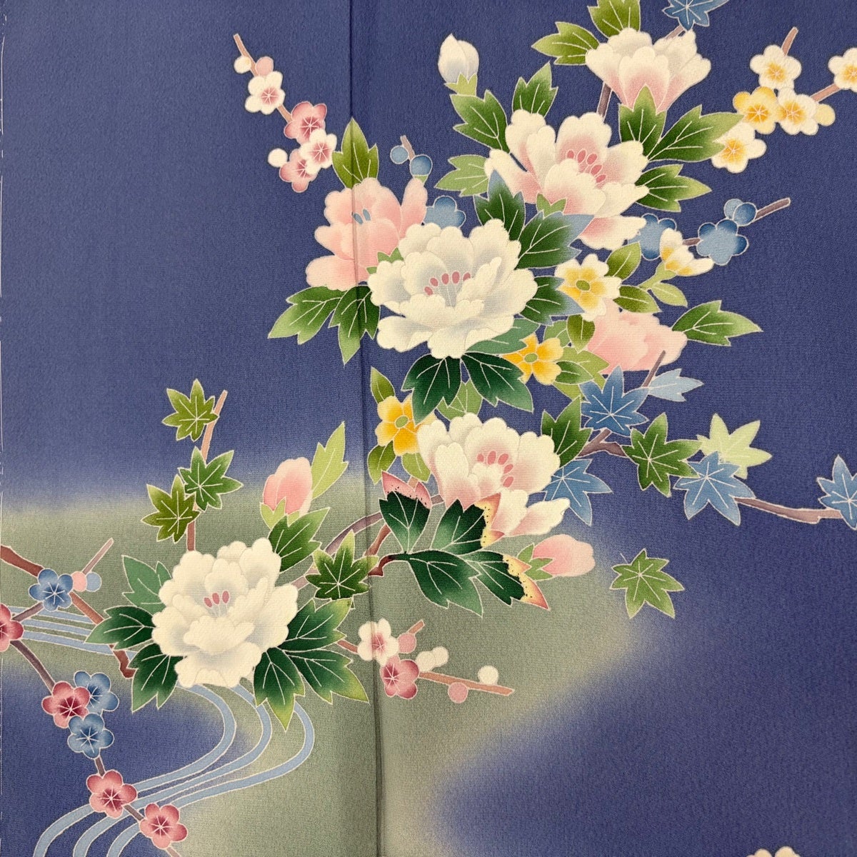 付け下げ　身丈　裄　ピーコックブルー　花籠　菊花　梅花　花模様　着物　061b 付下げ 身丈159cm 裄丈64.5cm M 袷 南克治 落款あり 草花 流水 ぼかし