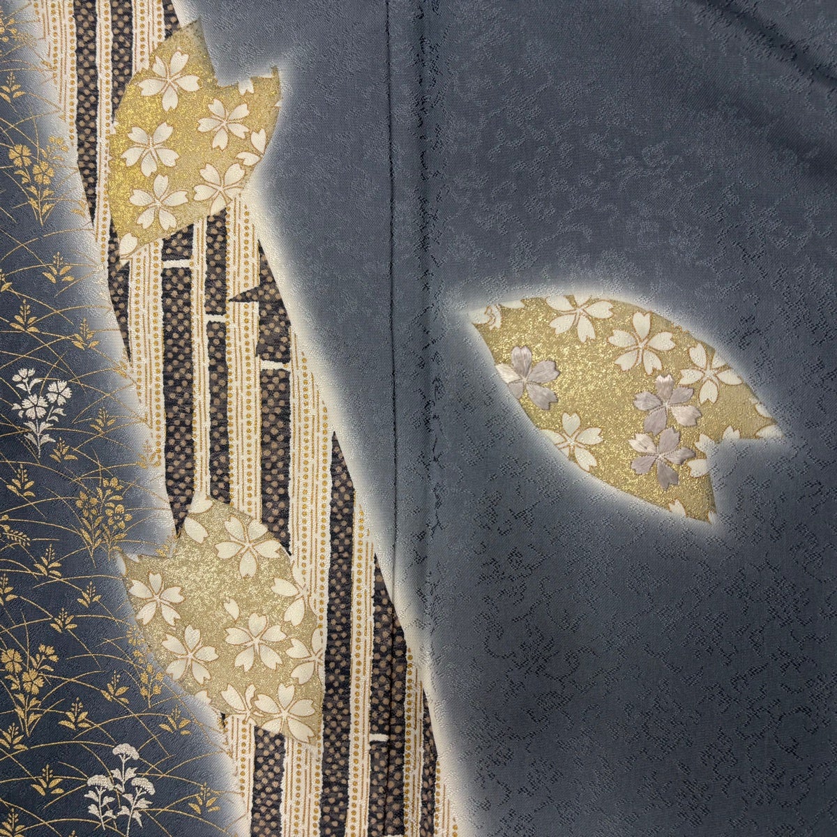 訪問着 身丈167cm 裄丈65.5cm M 袷 桜 竹 金銀彩 刺繍 青灰色 正絹