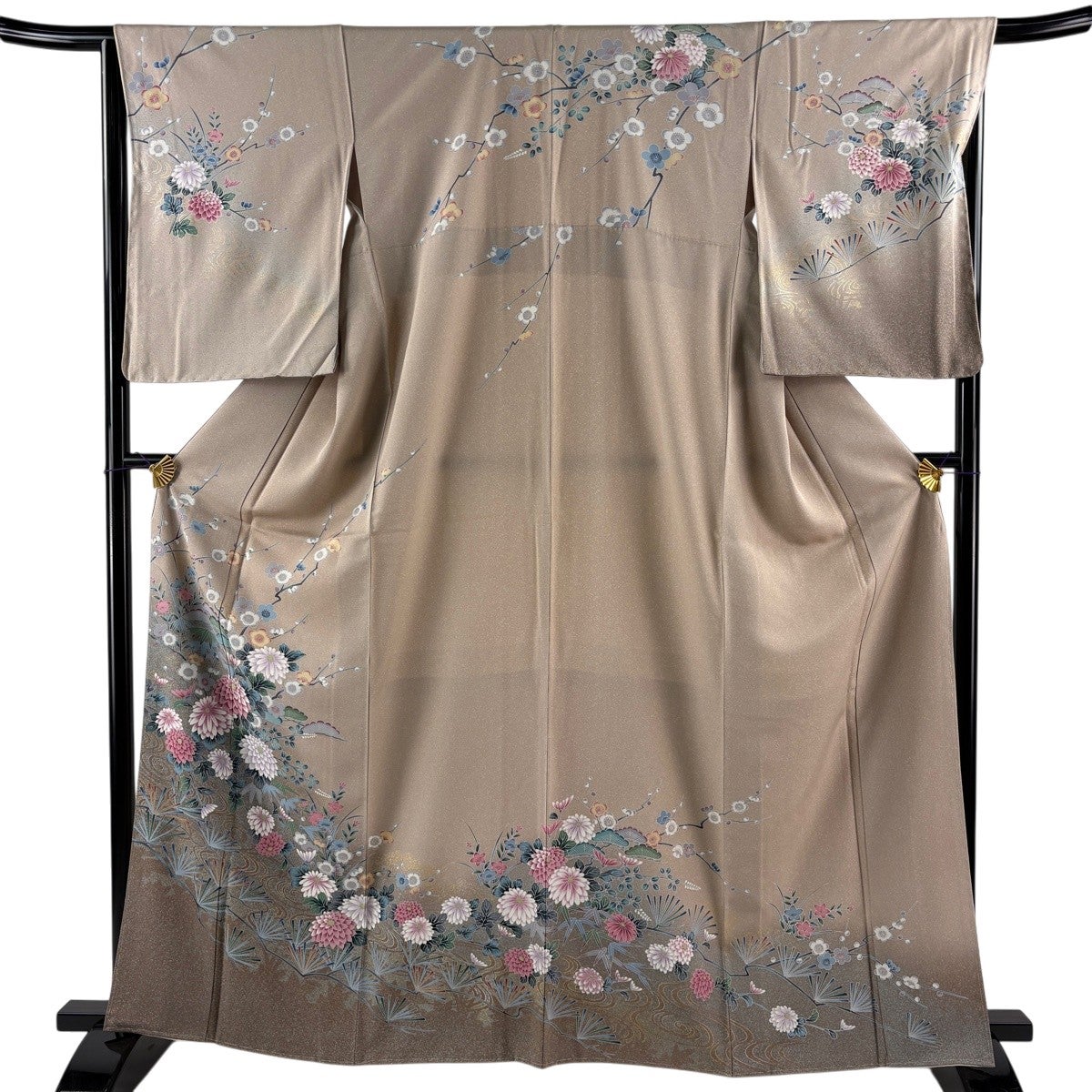 小紋 身丈163cm 裄丈63cm S 袷 草花 ぼかし 灰白 正絹 秀品｜中古