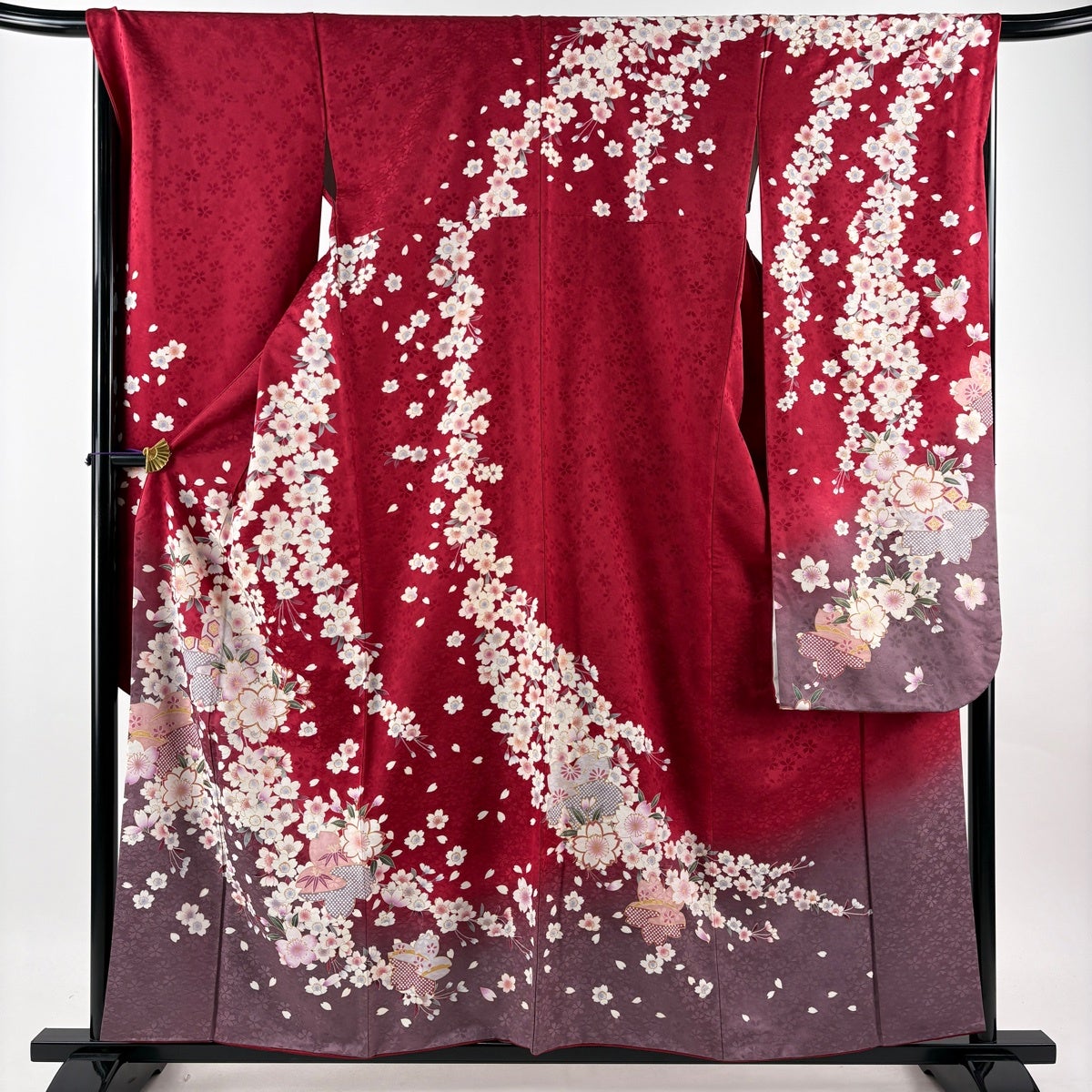 振袖 身丈157.5cm 裄丈68cm L 袷 袋帯フルセット 桜 地紋 金糸 金彩 赤