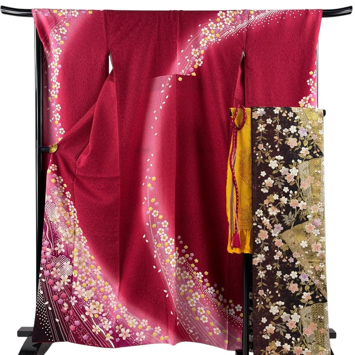 美品】 振袖 身丈164cm 裄丈68cm L 袷 袋帯フルセット 桜 花びら 銀